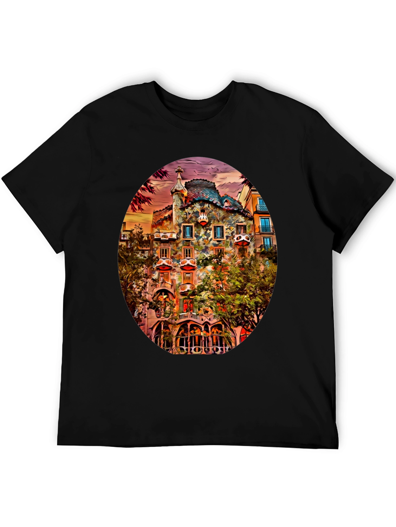 Gaudi Building Art Print Black T-Shirt