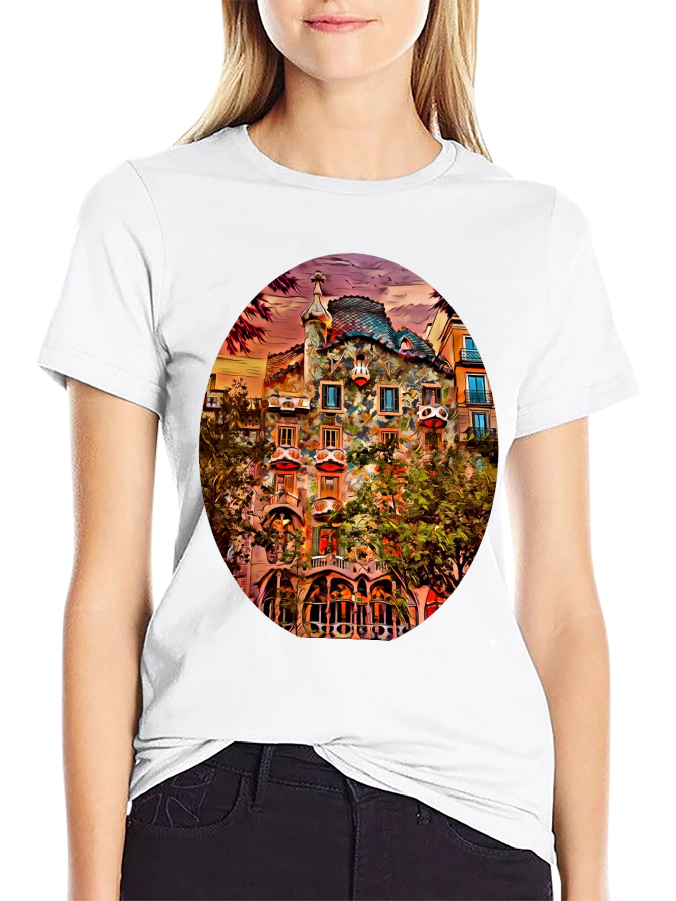 Gaudi Building Art Print Black T-Shirt