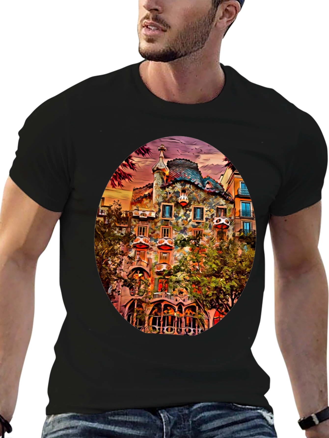Gaudi Building Art Print Black T-Shirt