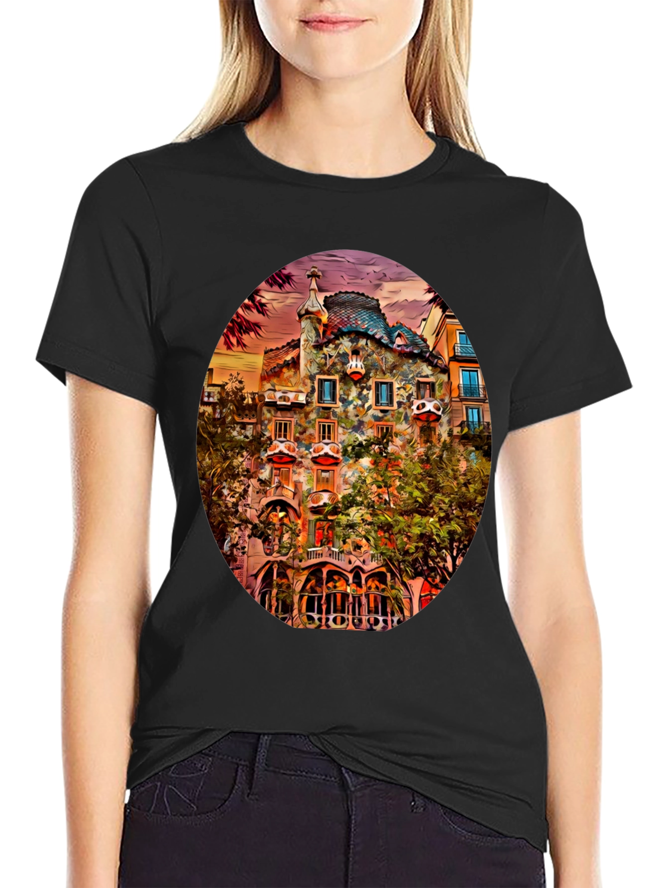 Gaudi Building Art Print Black T-Shirt