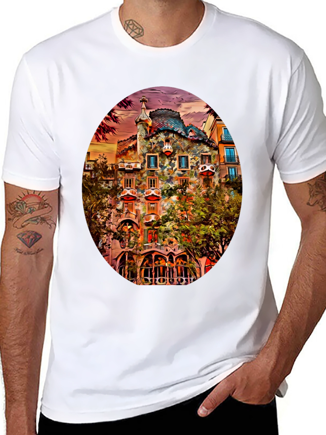 Gaudi Building Art Print Black T-Shirt