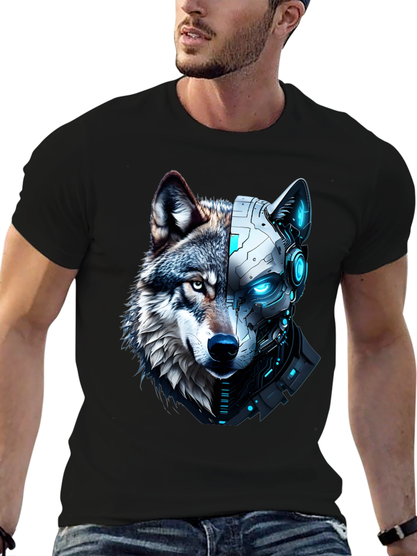 Cyber Wolf Graphic Tee - Mens Black T-Shirt