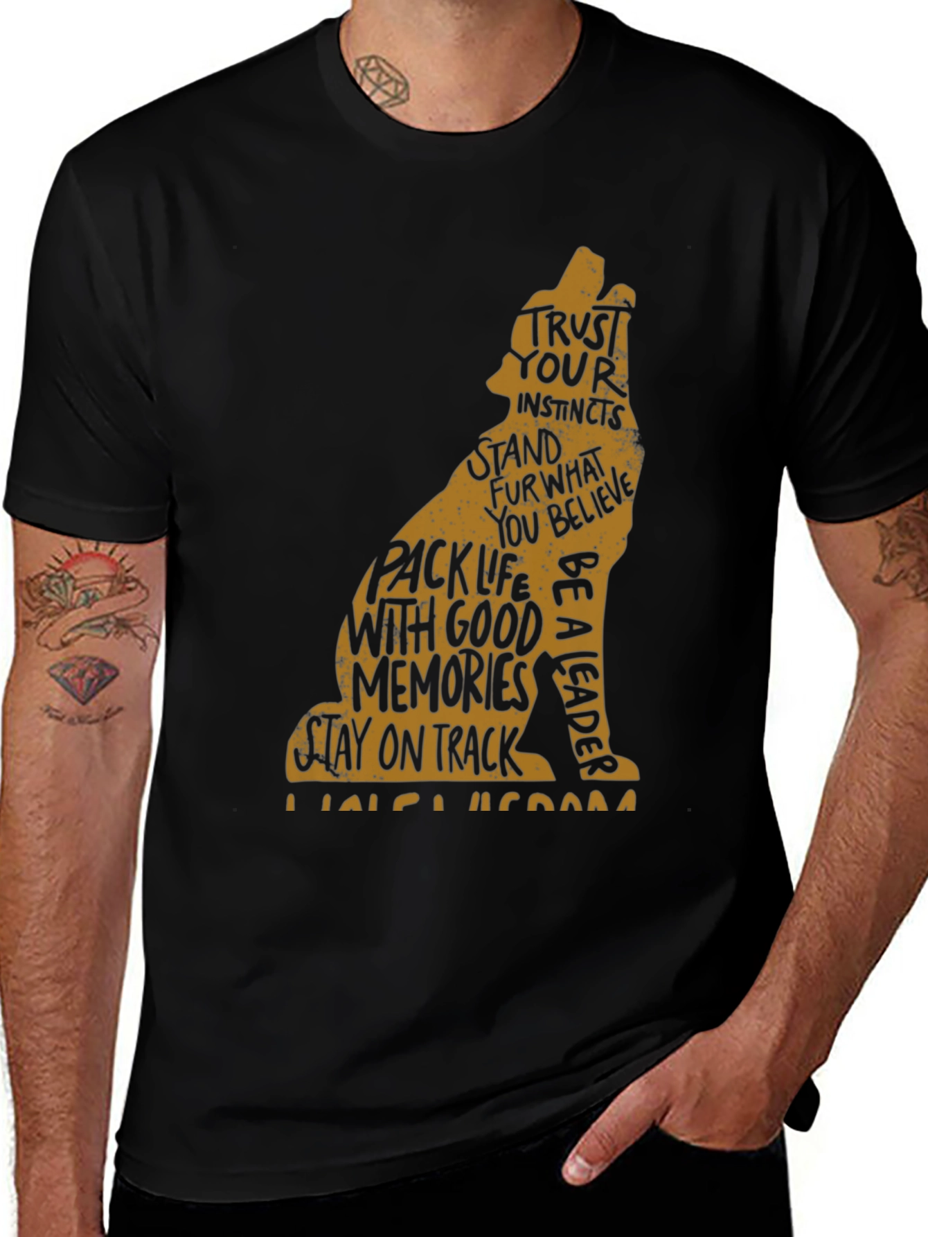 Mens Black T-Shirt with Wolf Graphic and Positive Affirmations