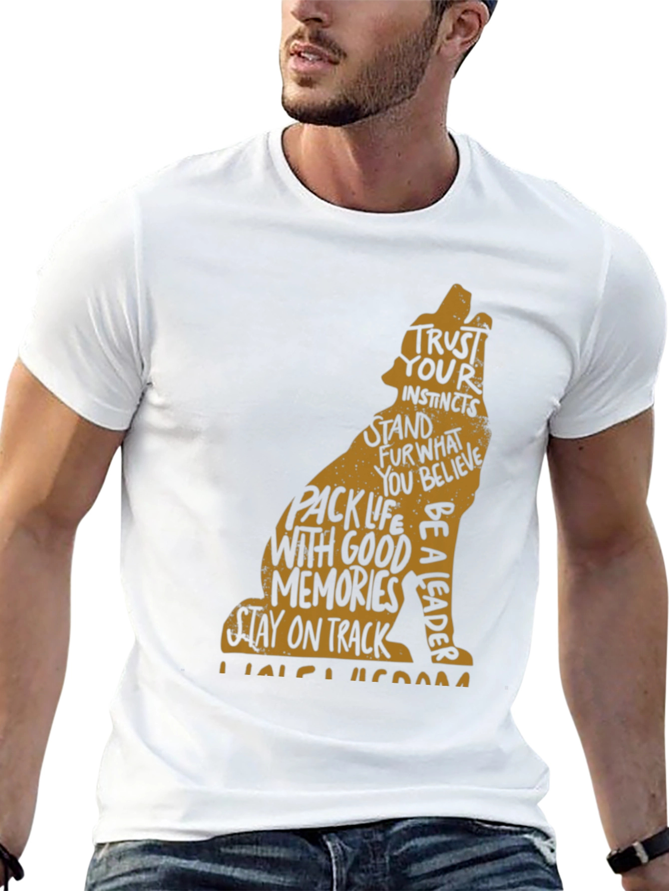 Mens Black T-Shirt with Wolf Graphic and Positive Affirmations