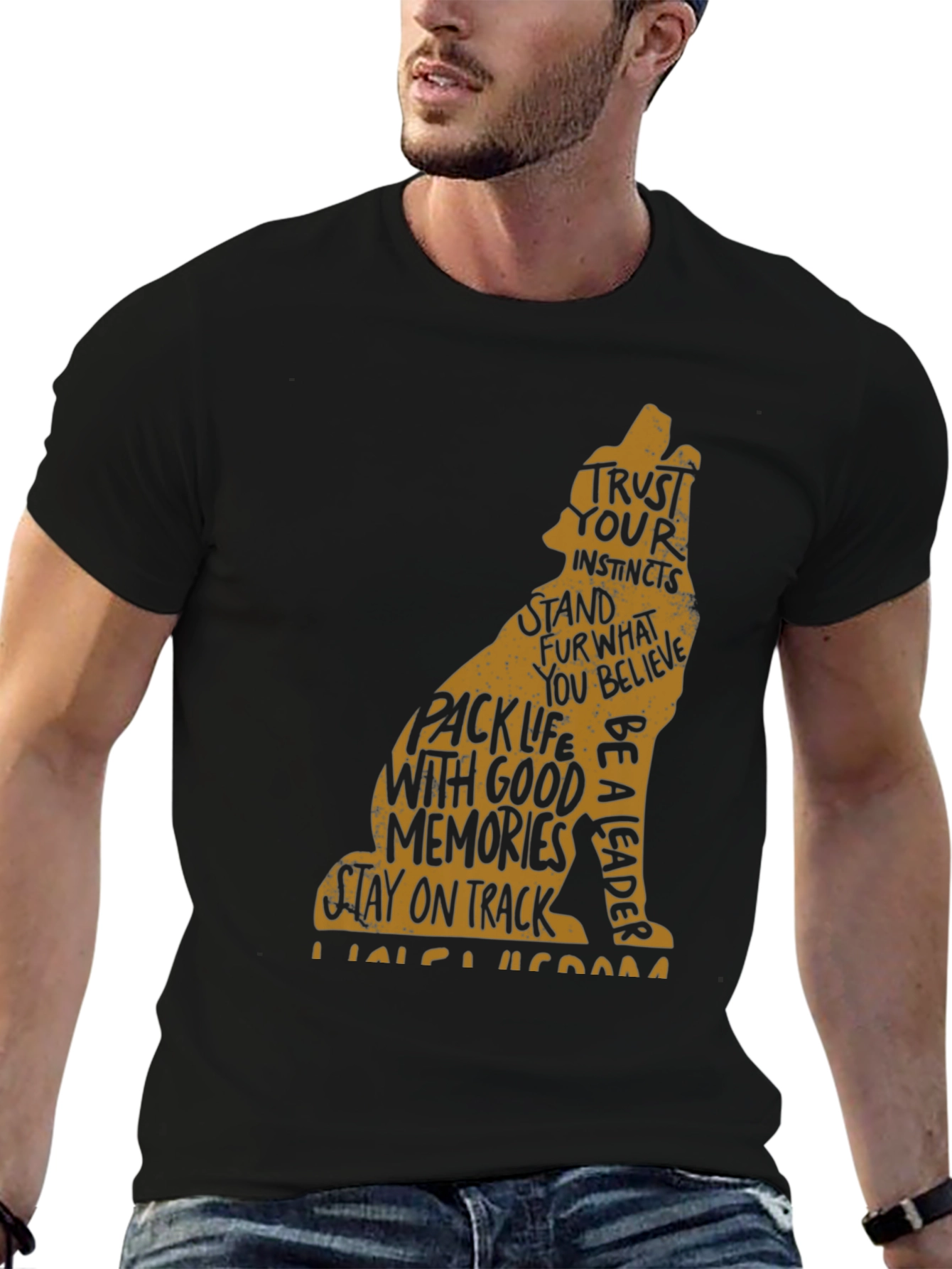 Mens Black T-Shirt with Wolf Graphic and Positive Affirmations