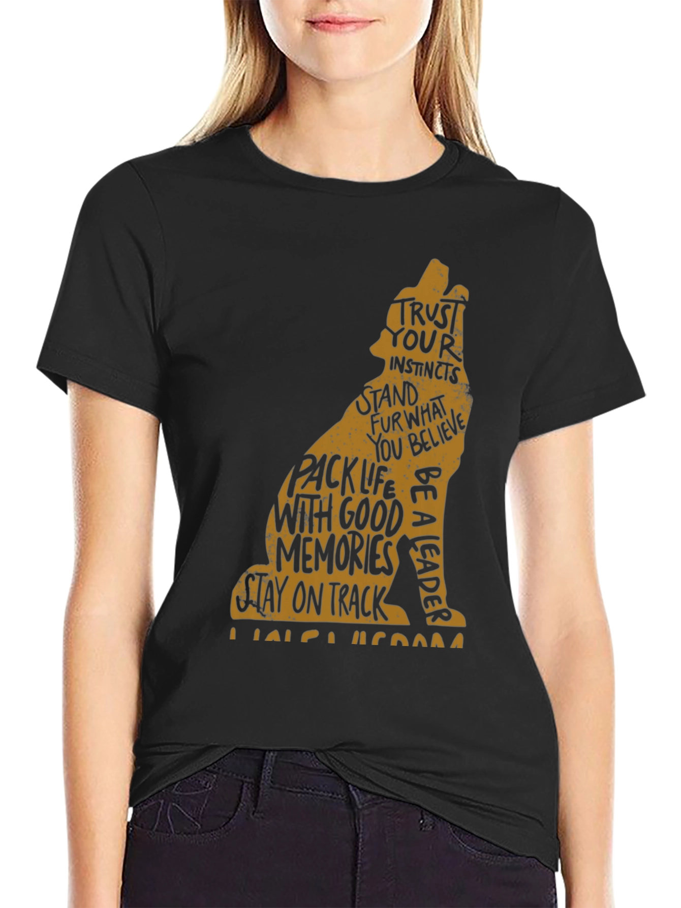 Mens Black T-Shirt with Wolf Graphic and Positive Affirmations