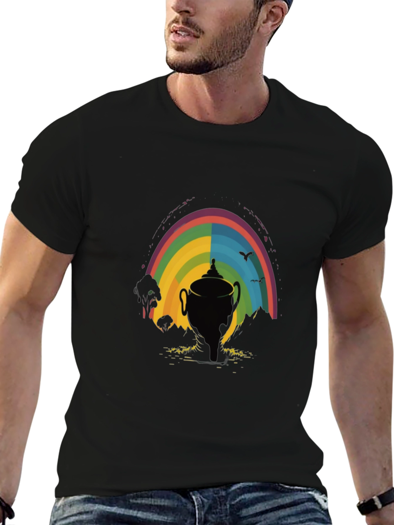 Rainbow Trophy Graphic Tee - Black Cotton Shirt