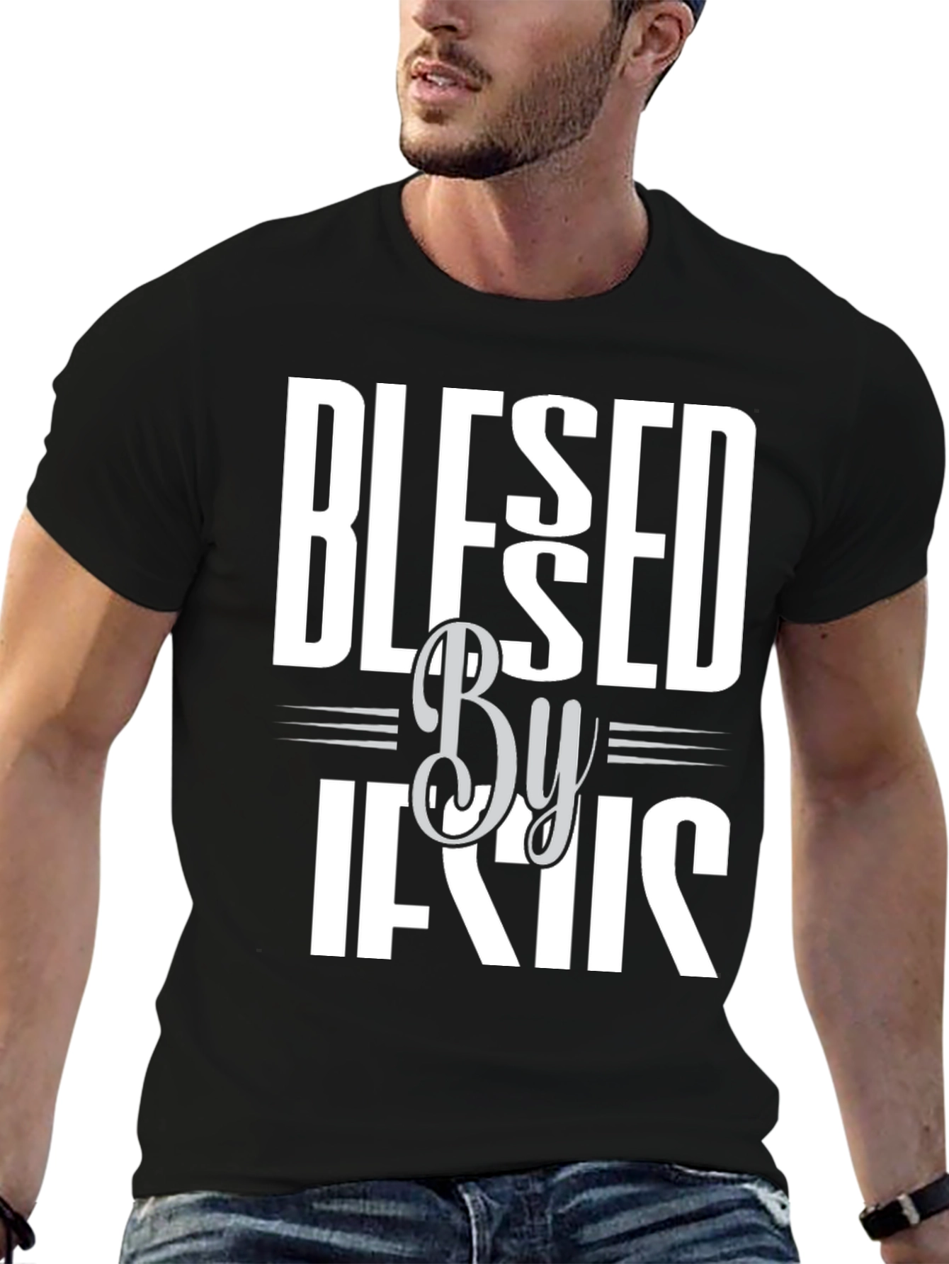 Blessed By Jesus Graphic T-Shirt - Black Cotton Blend
