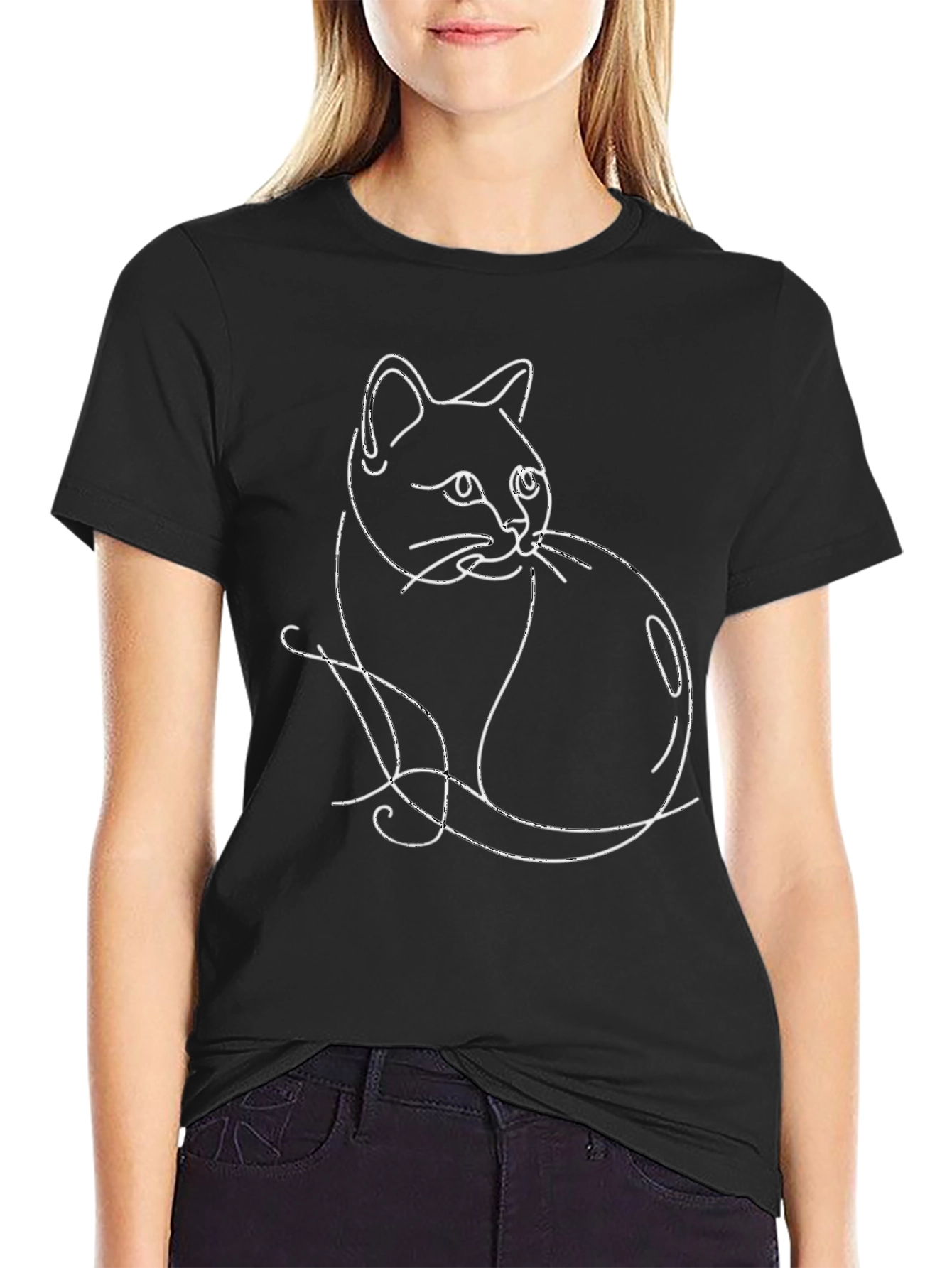 Minimalist Cat Line Art Black T-Shirt