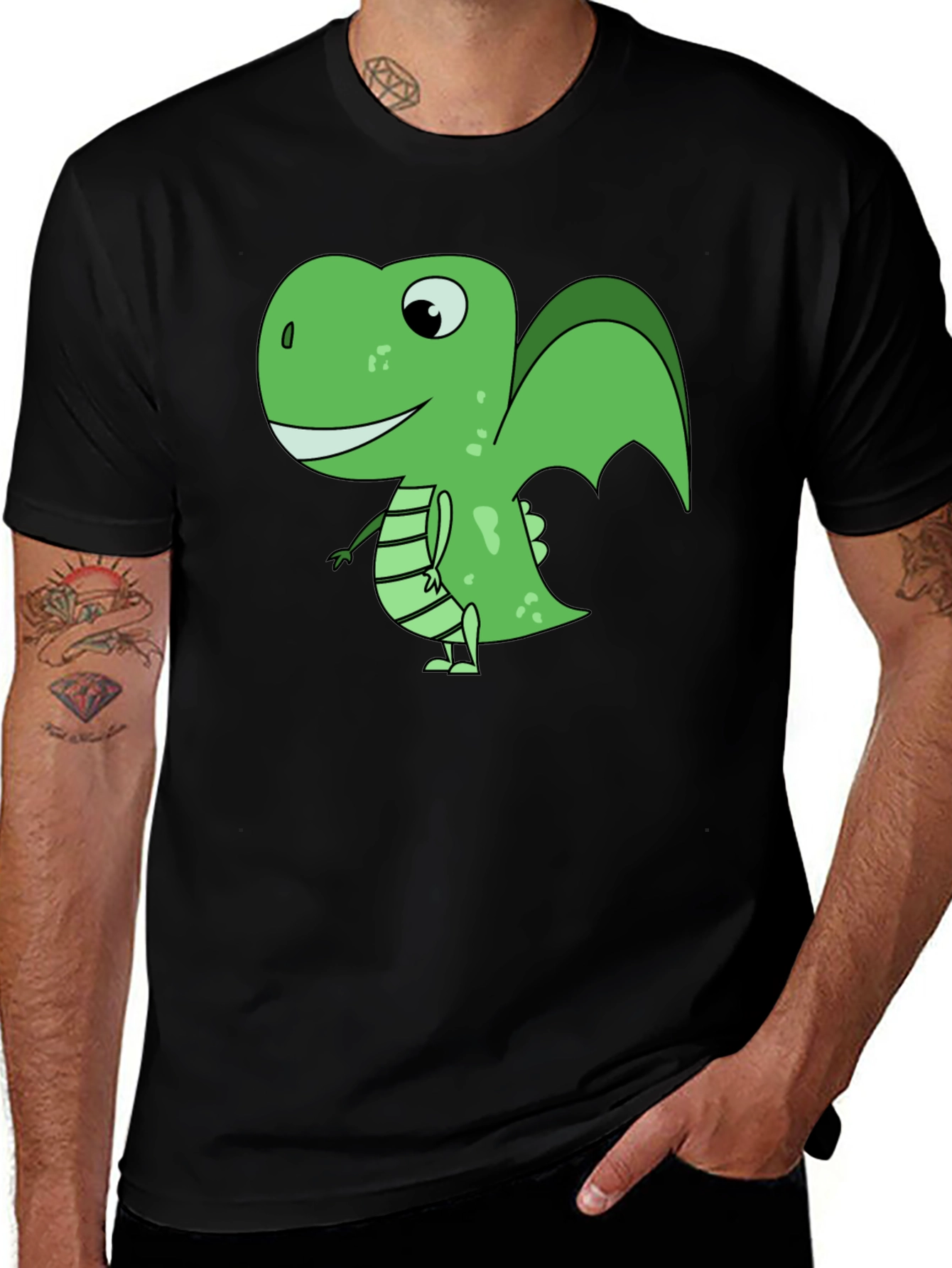 Cartoon Dinosaur Graphic T-Shirt - Black