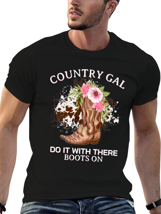 Country Gal Boots On Black T-Shirt