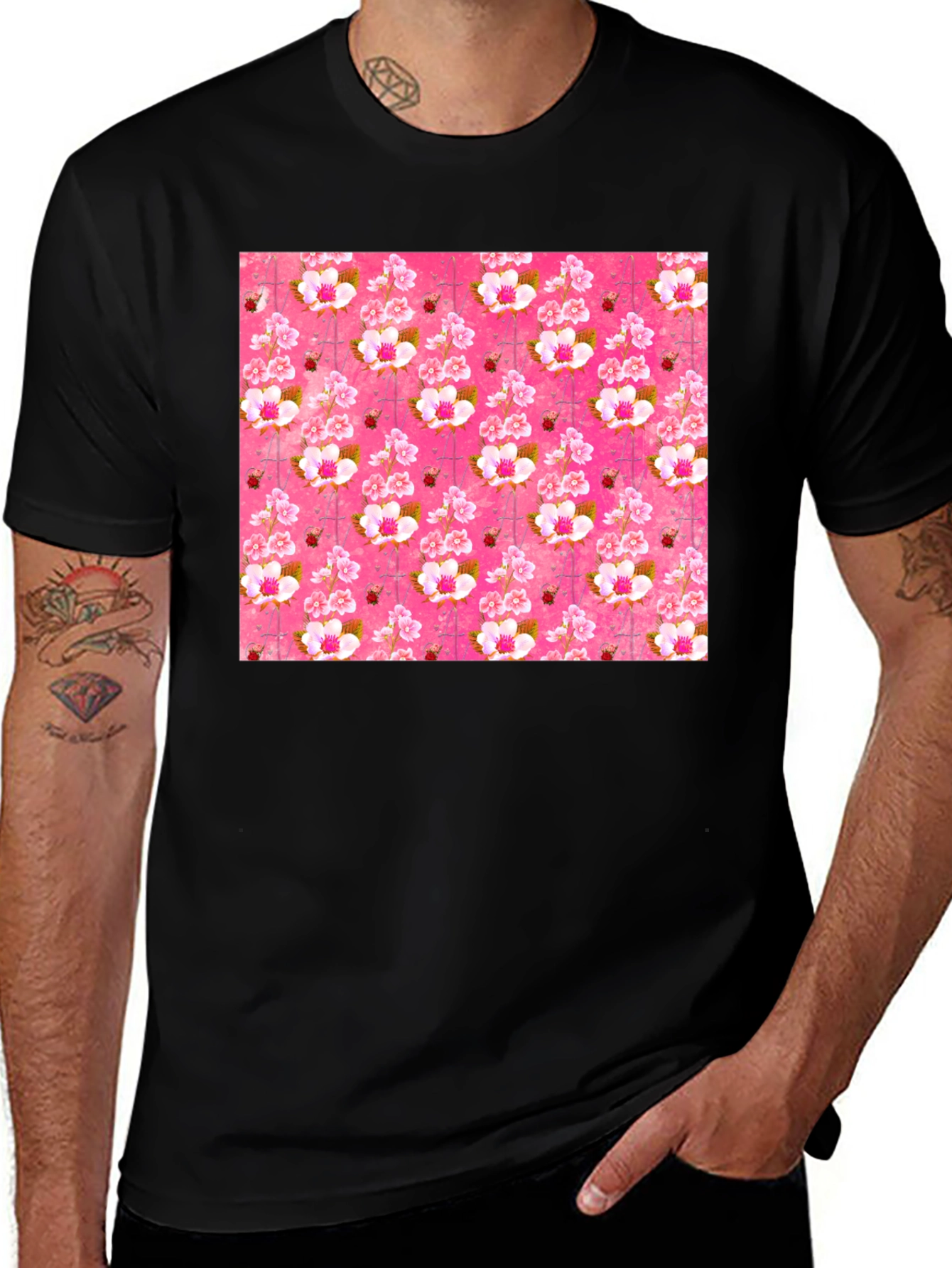 Floral Blossom Print Mens Black T-Shirt