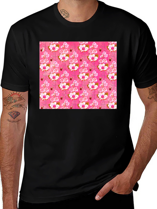 Floral Blossom Print Mens Black T-Shirt