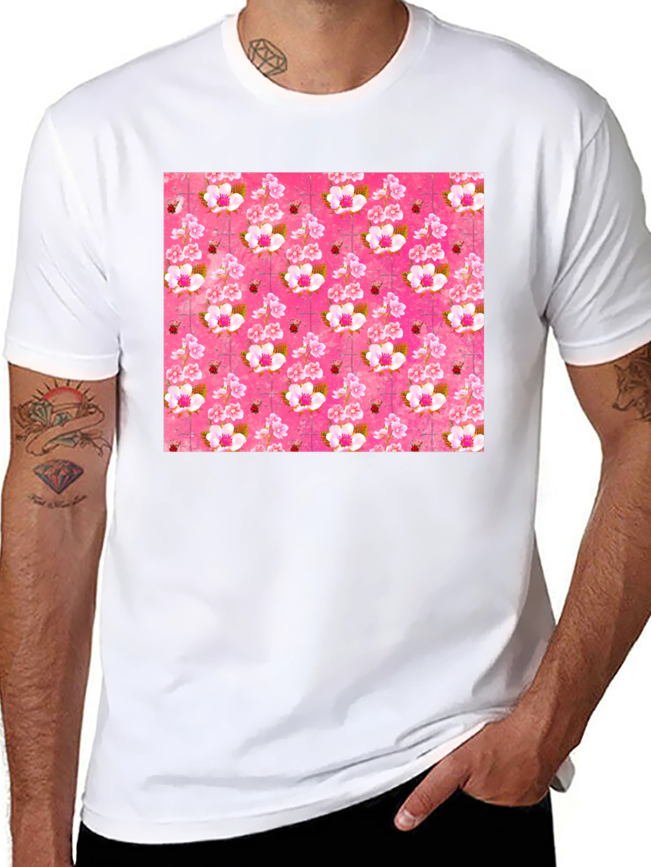Floral Blossom Print Mens Black T-Shirt