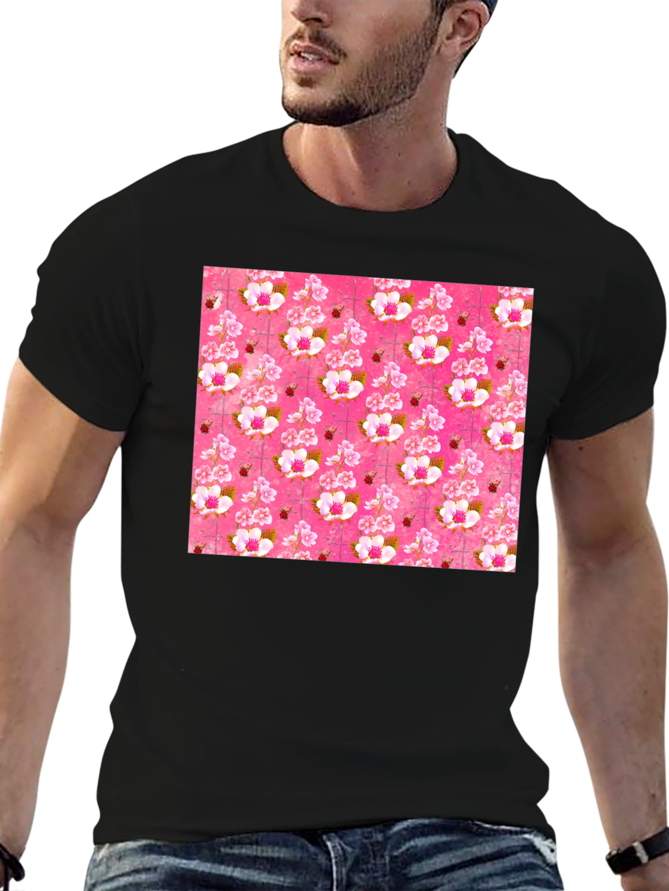 Floral Blossom Print Mens Black T-Shirt