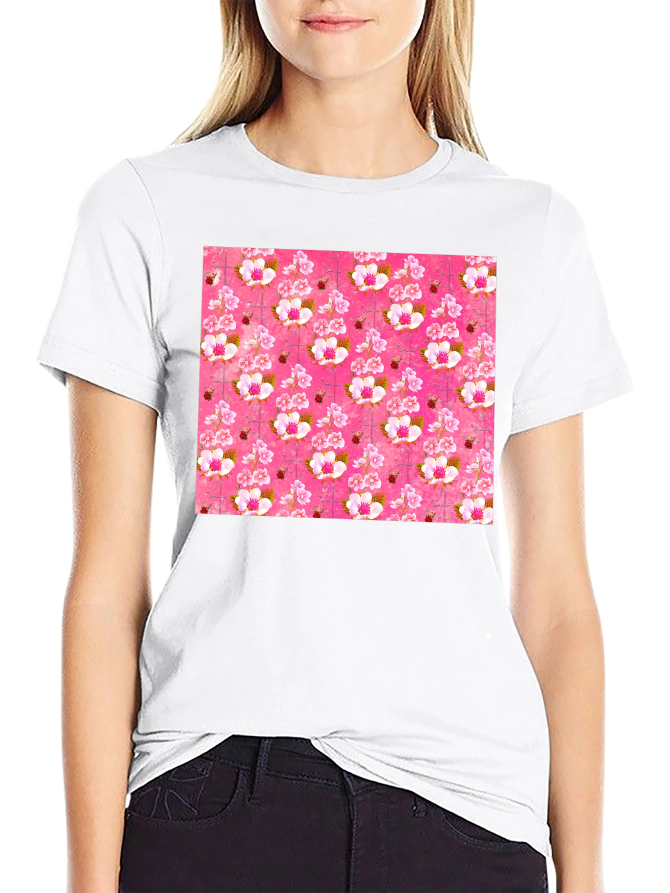 Floral Blossom Print Mens Black T-Shirt