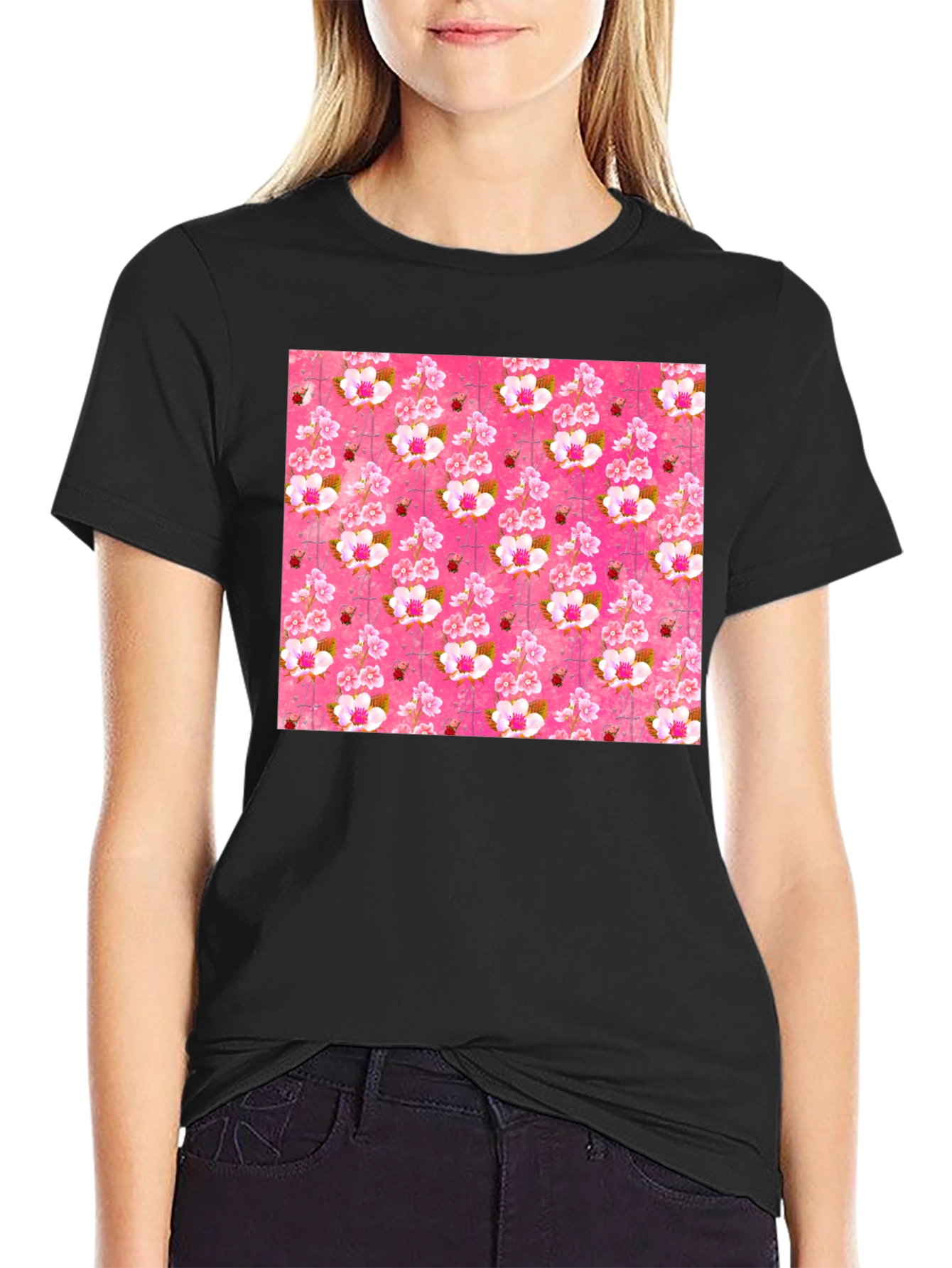 Floral Blossom Print Mens Black T-Shirt