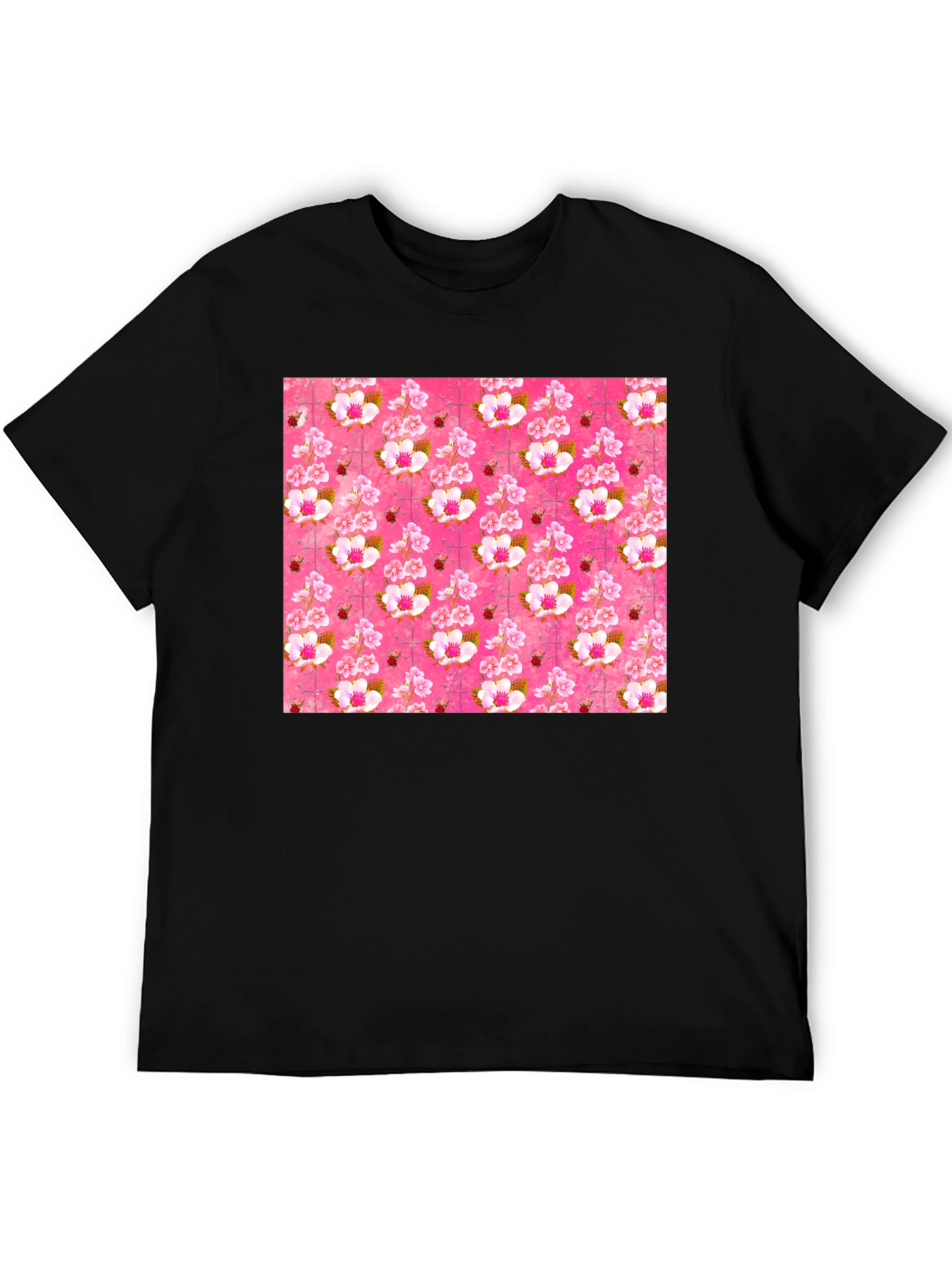 Floral Blossom Print Mens Black T-Shirt