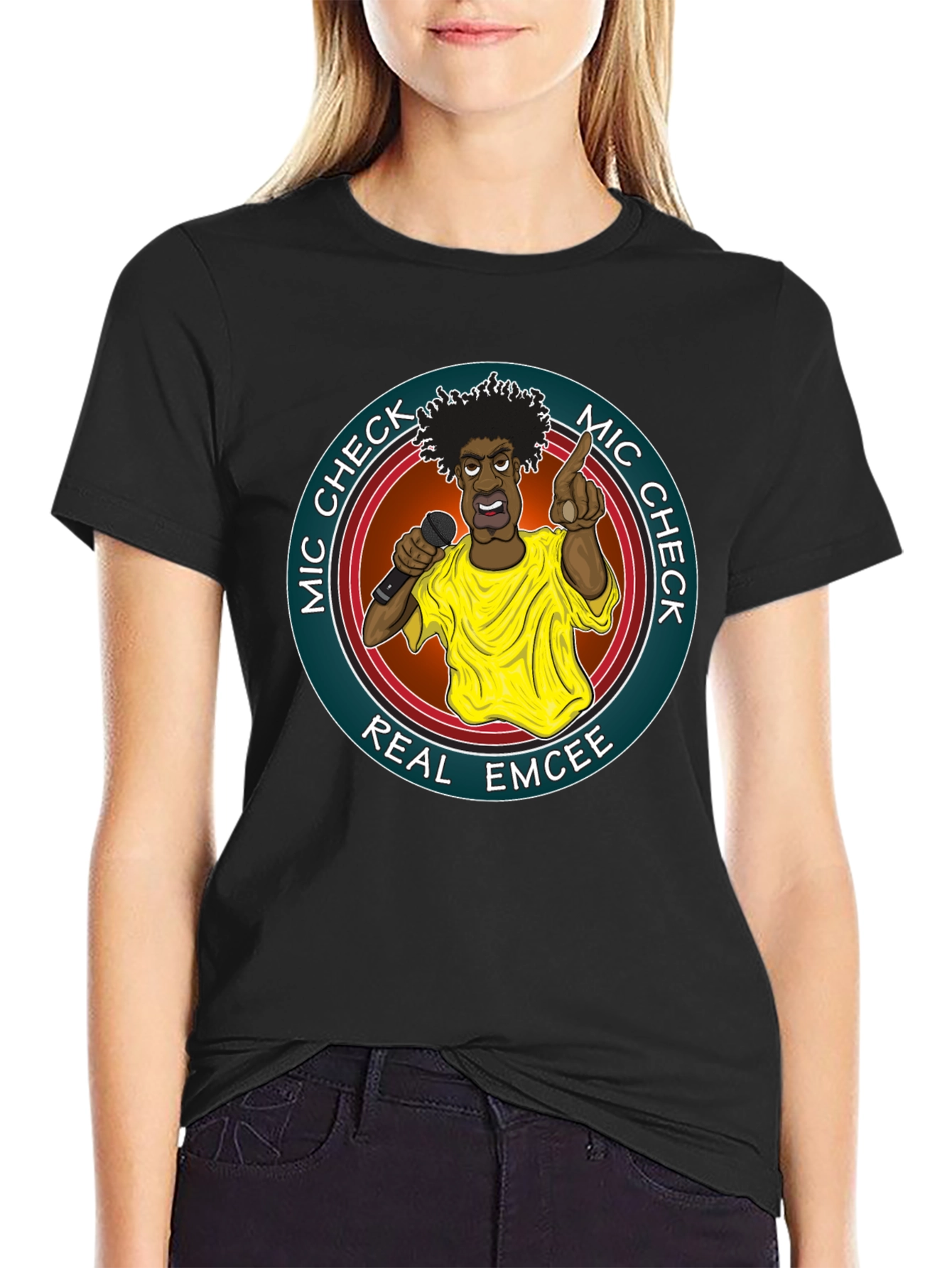 Mic Check Real Emcee Black Graphic T-Shirt