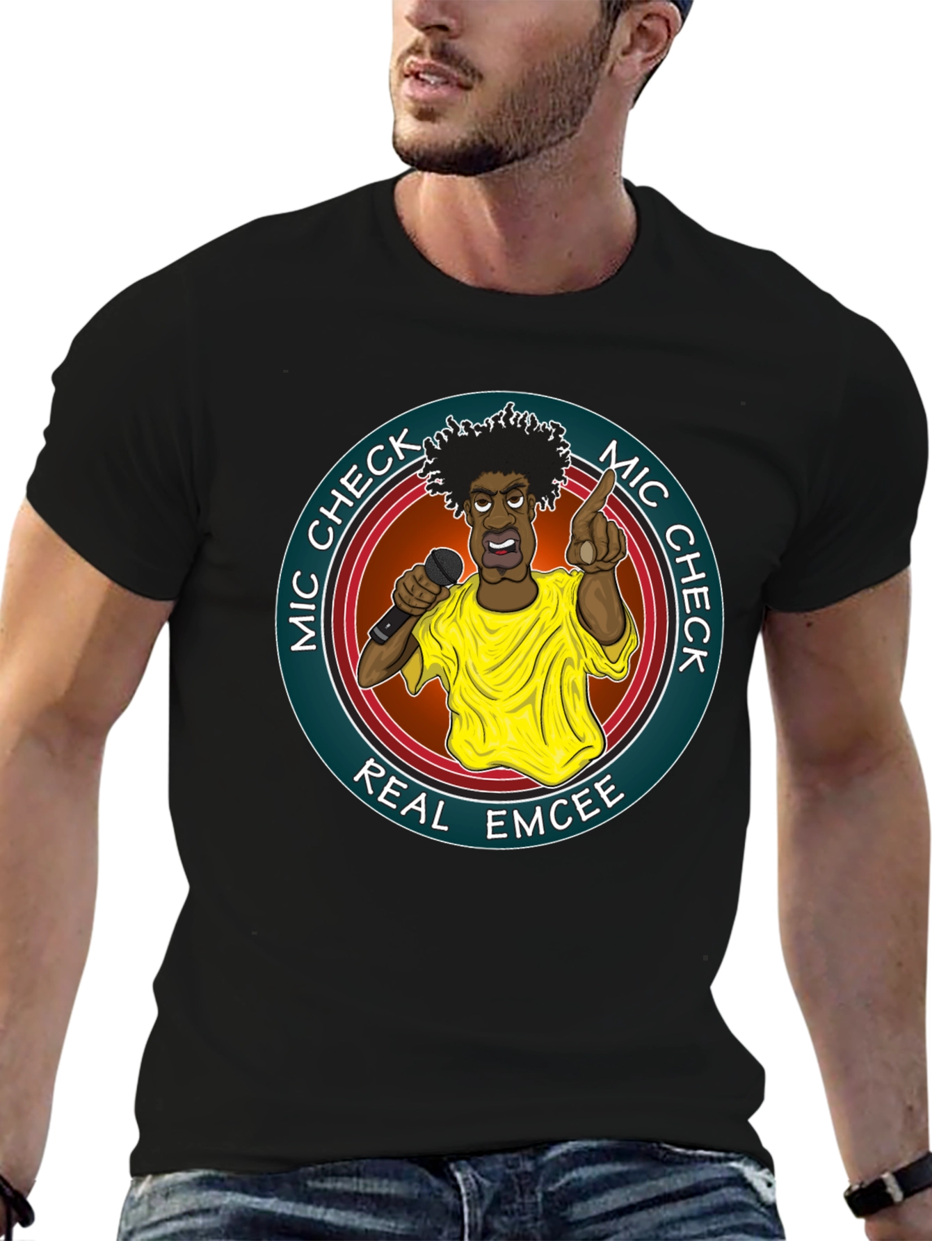 Mic Check Real Emcee Black Graphic T-Shirt