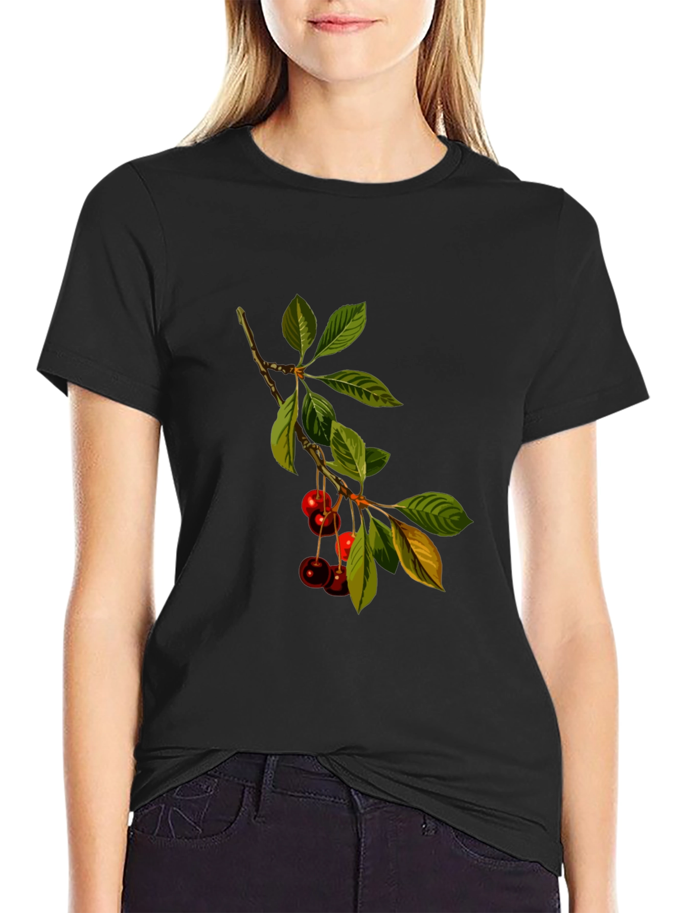 Cherry Branch Print Black T-Shirt