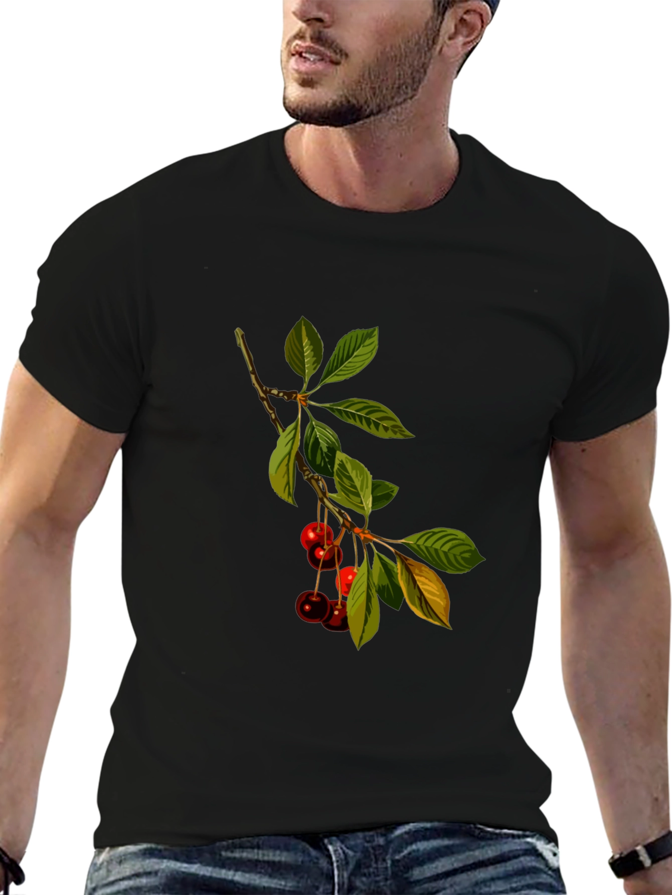 Cherry Branch Print Black T-Shirt