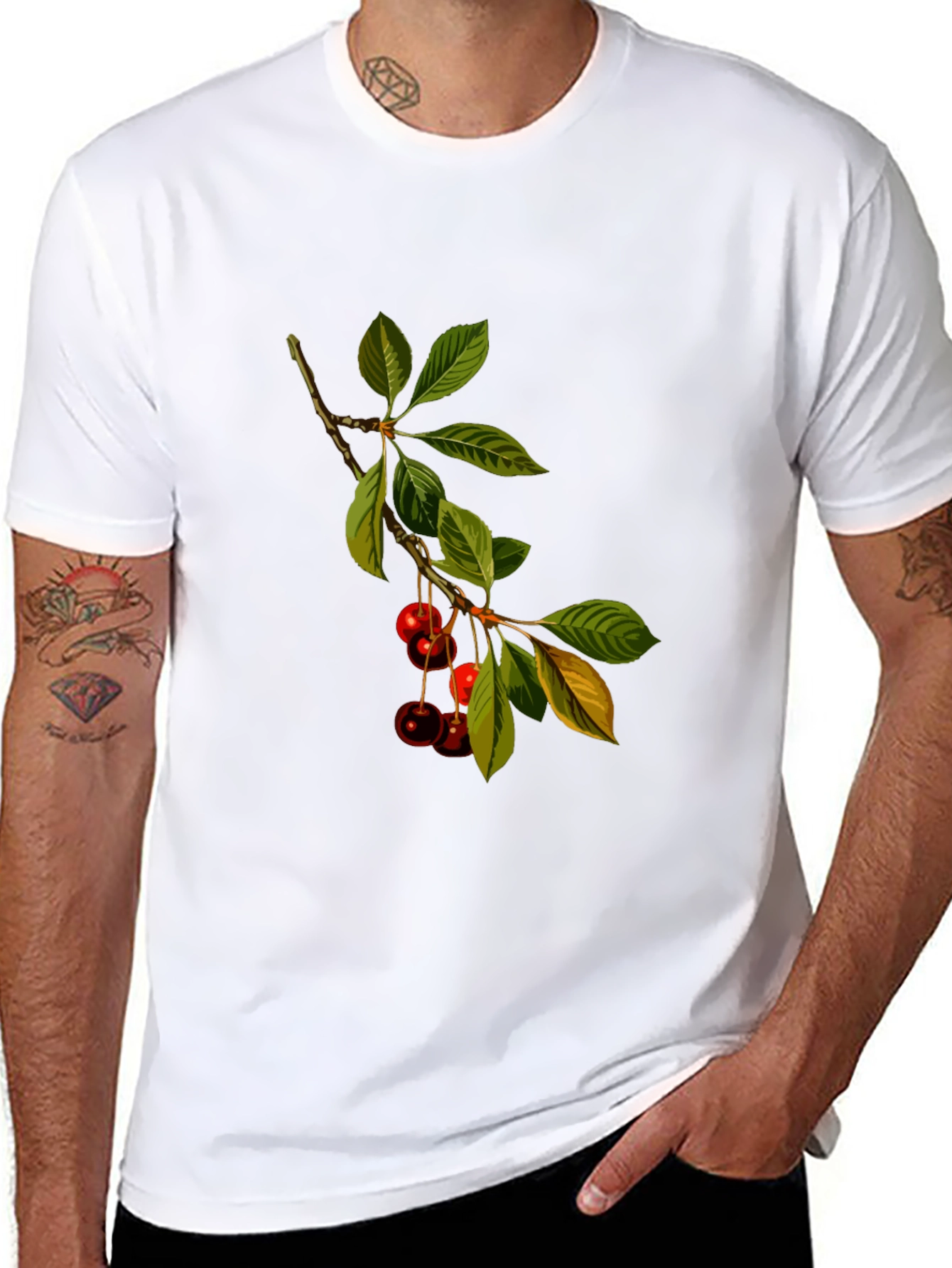 Cherry Branch Print Black T-Shirt