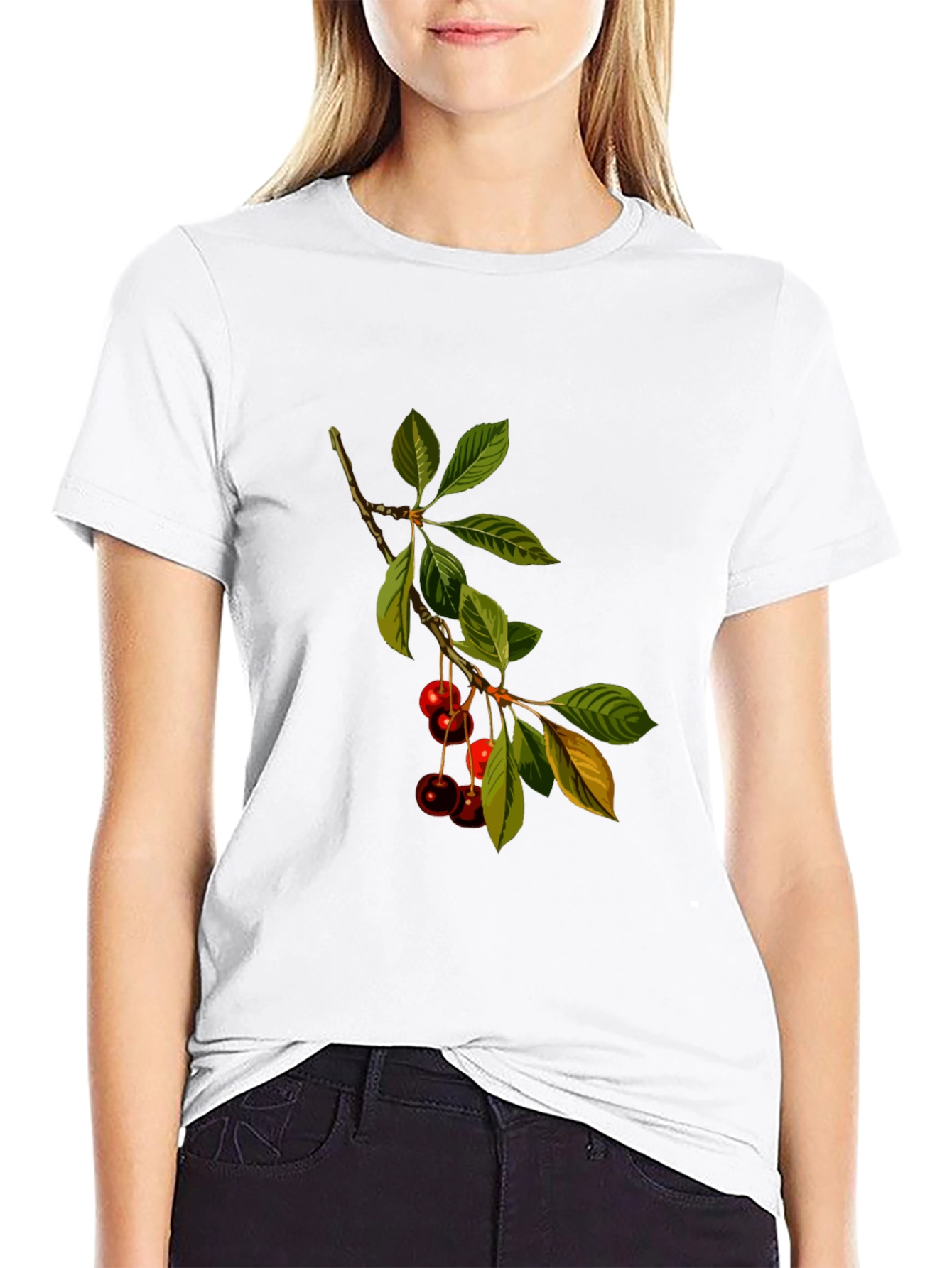 Cherry Branch Print Black T-Shirt