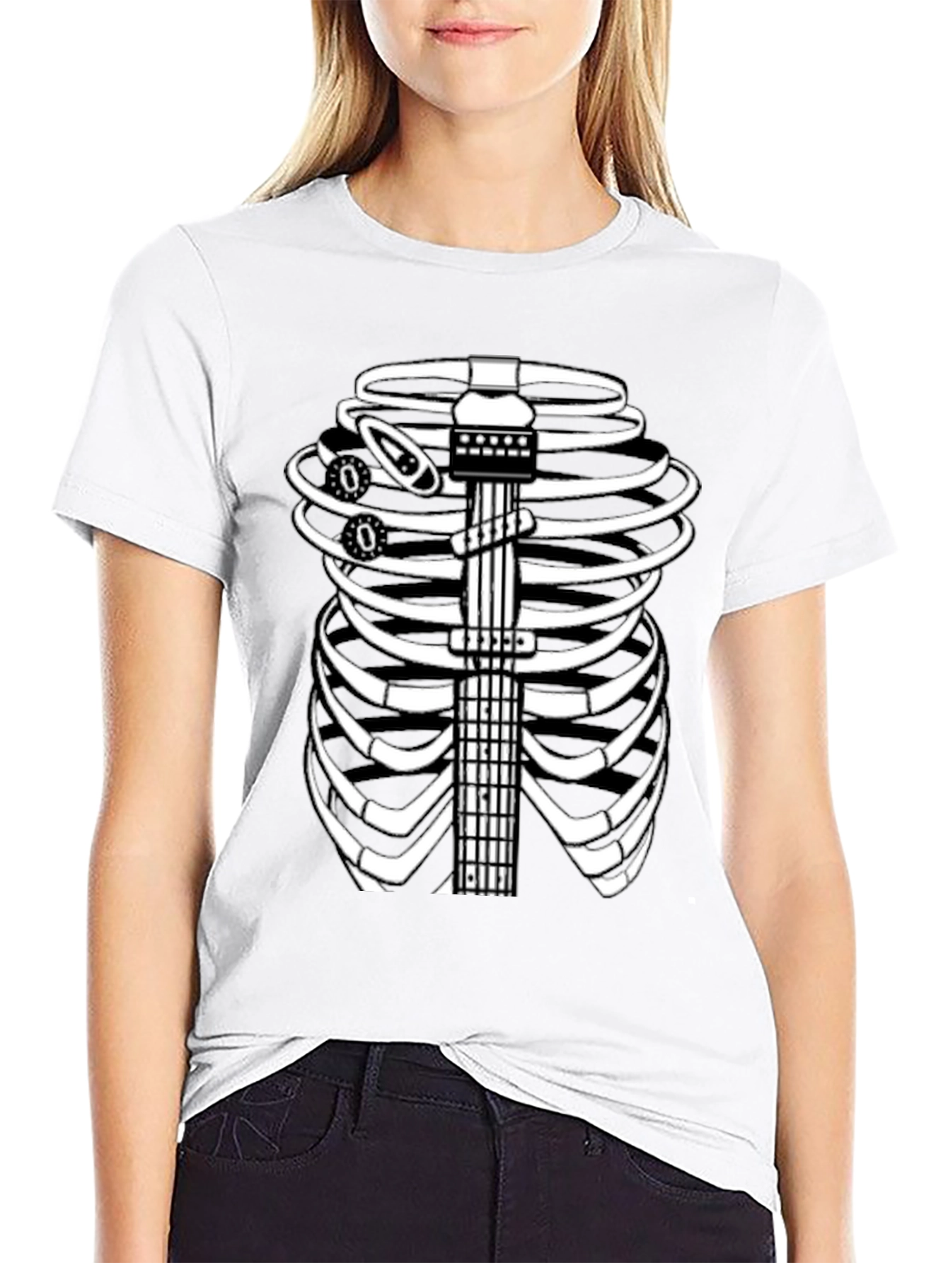 Guitar Rib Cage Skeleton Graphic Tee - Black
