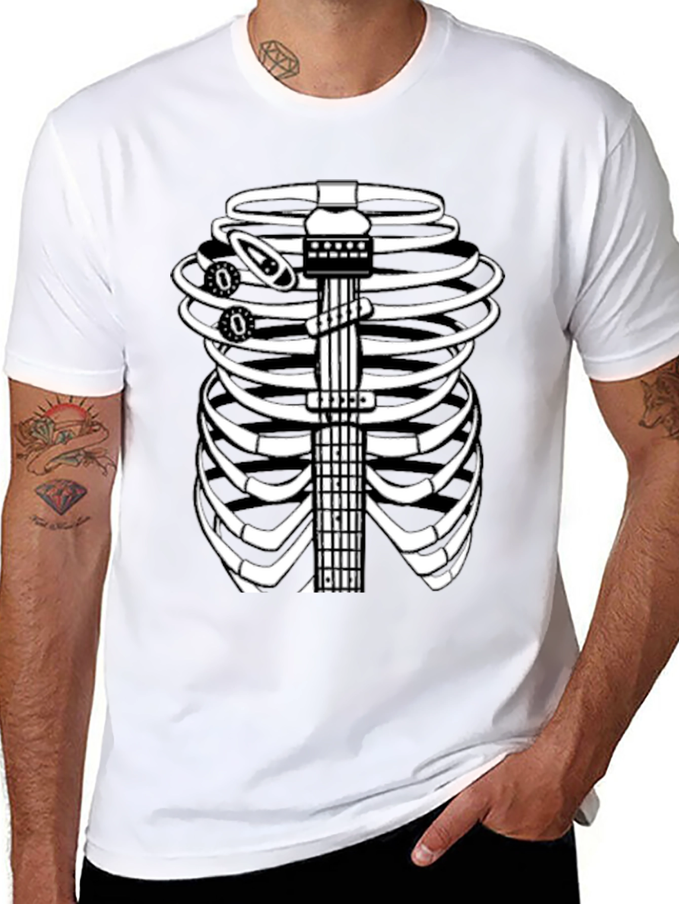 Guitar Rib Cage Skeleton Graphic Tee - Black