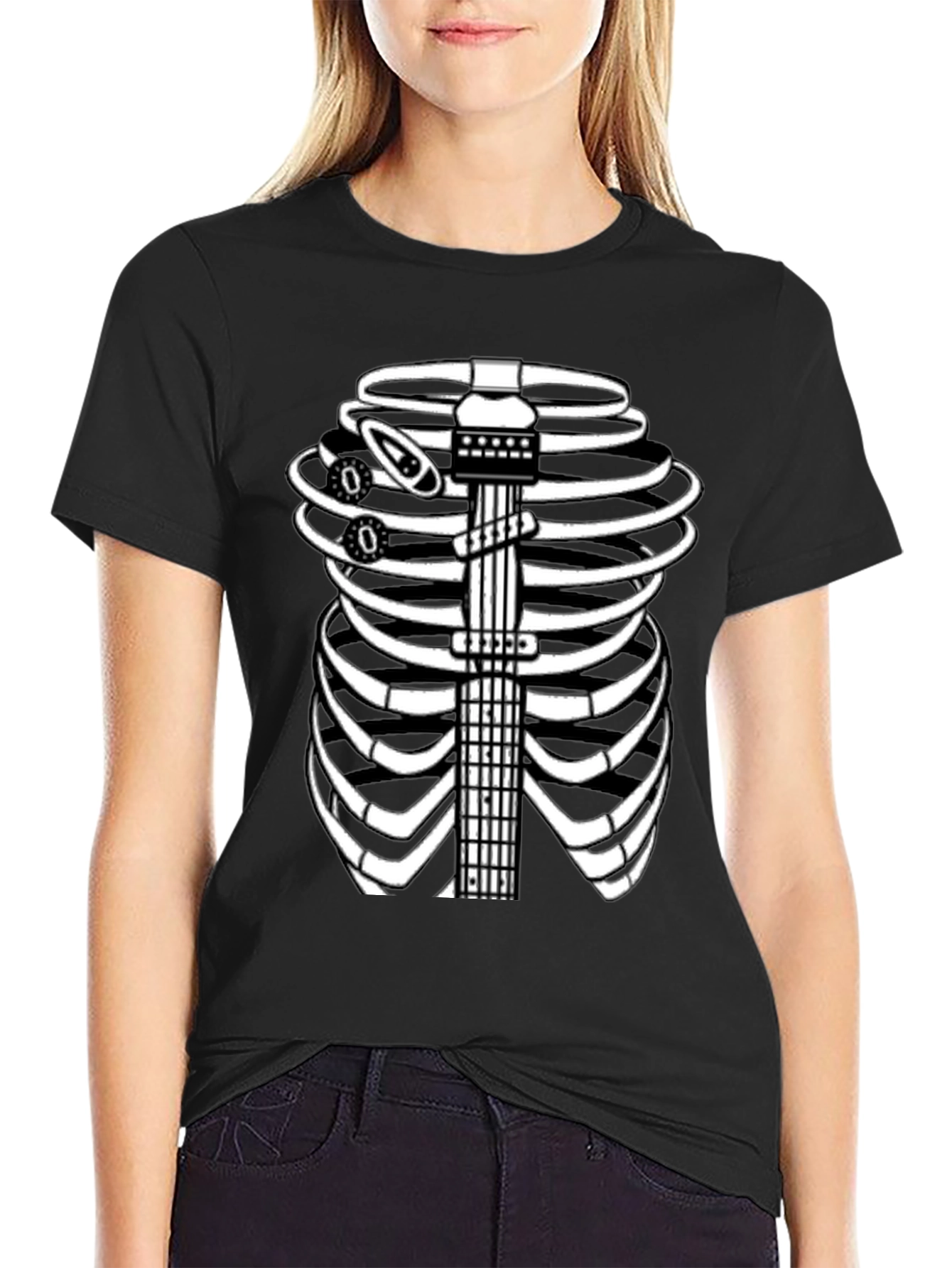 Guitar Rib Cage Skeleton Graphic Tee - Black