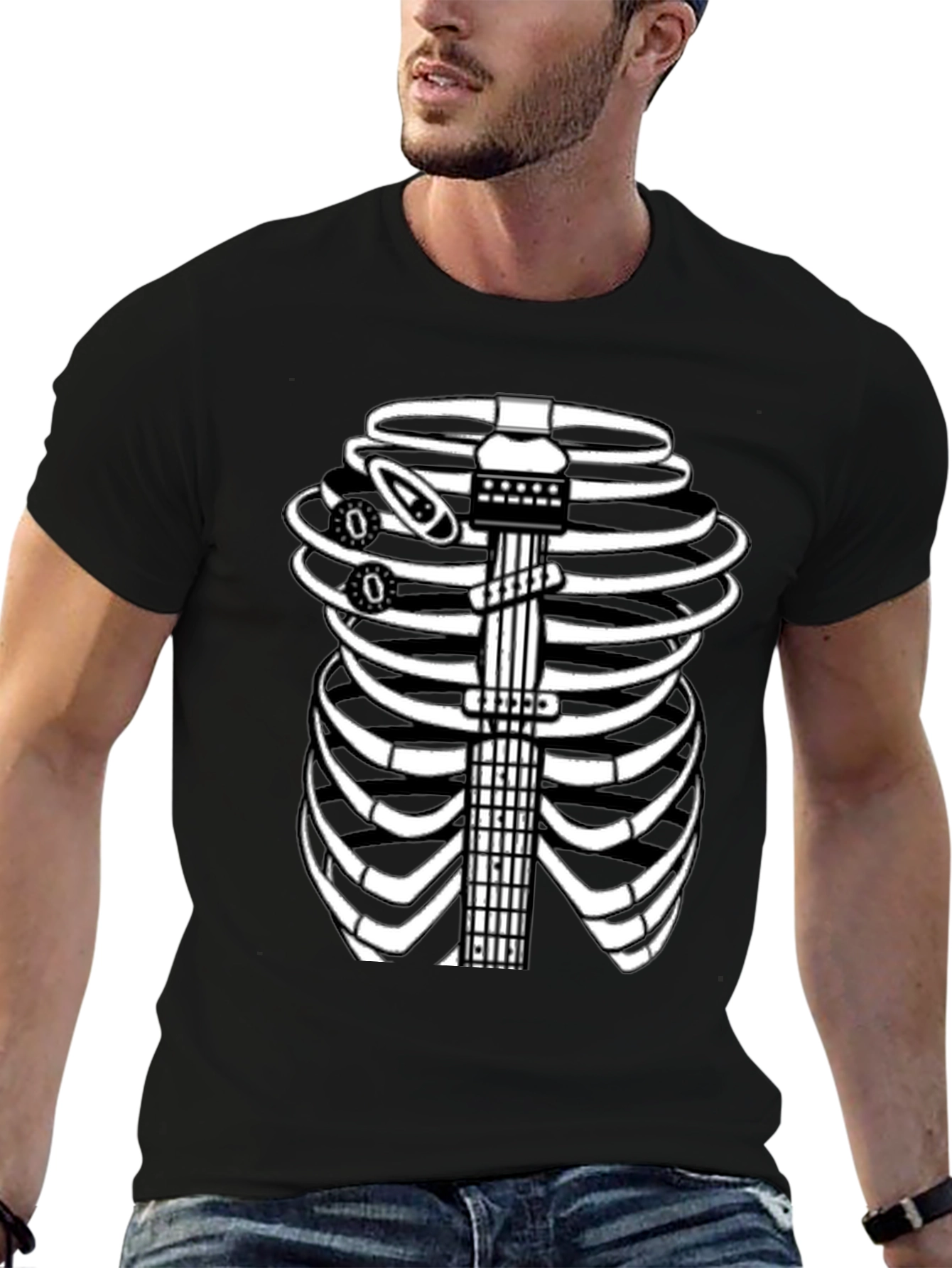 Guitar Rib Cage Skeleton Graphic Tee - Black