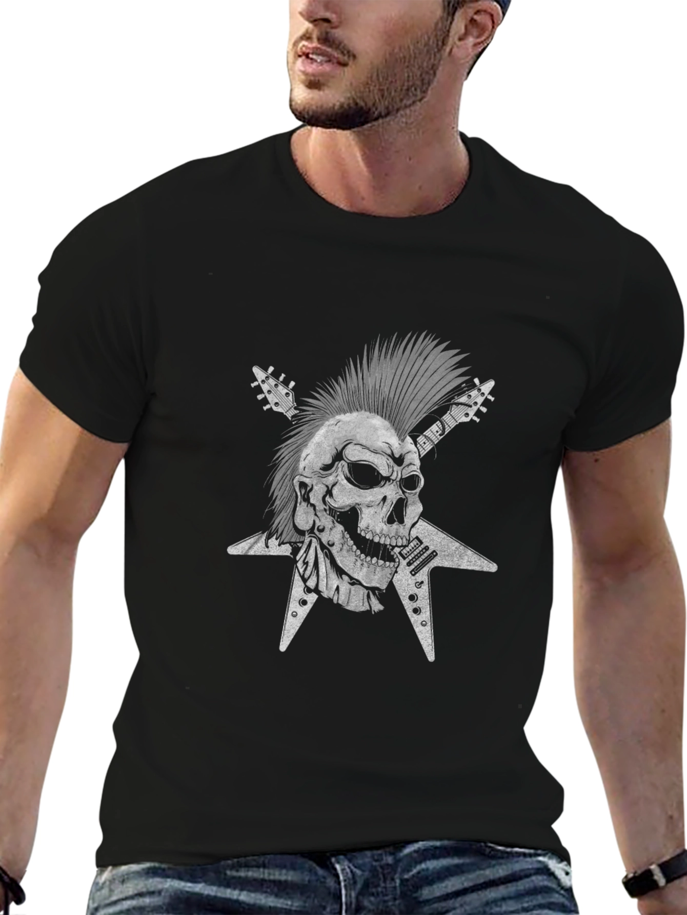 Punk Rock Skull & Guitar Graphic Tee - Black