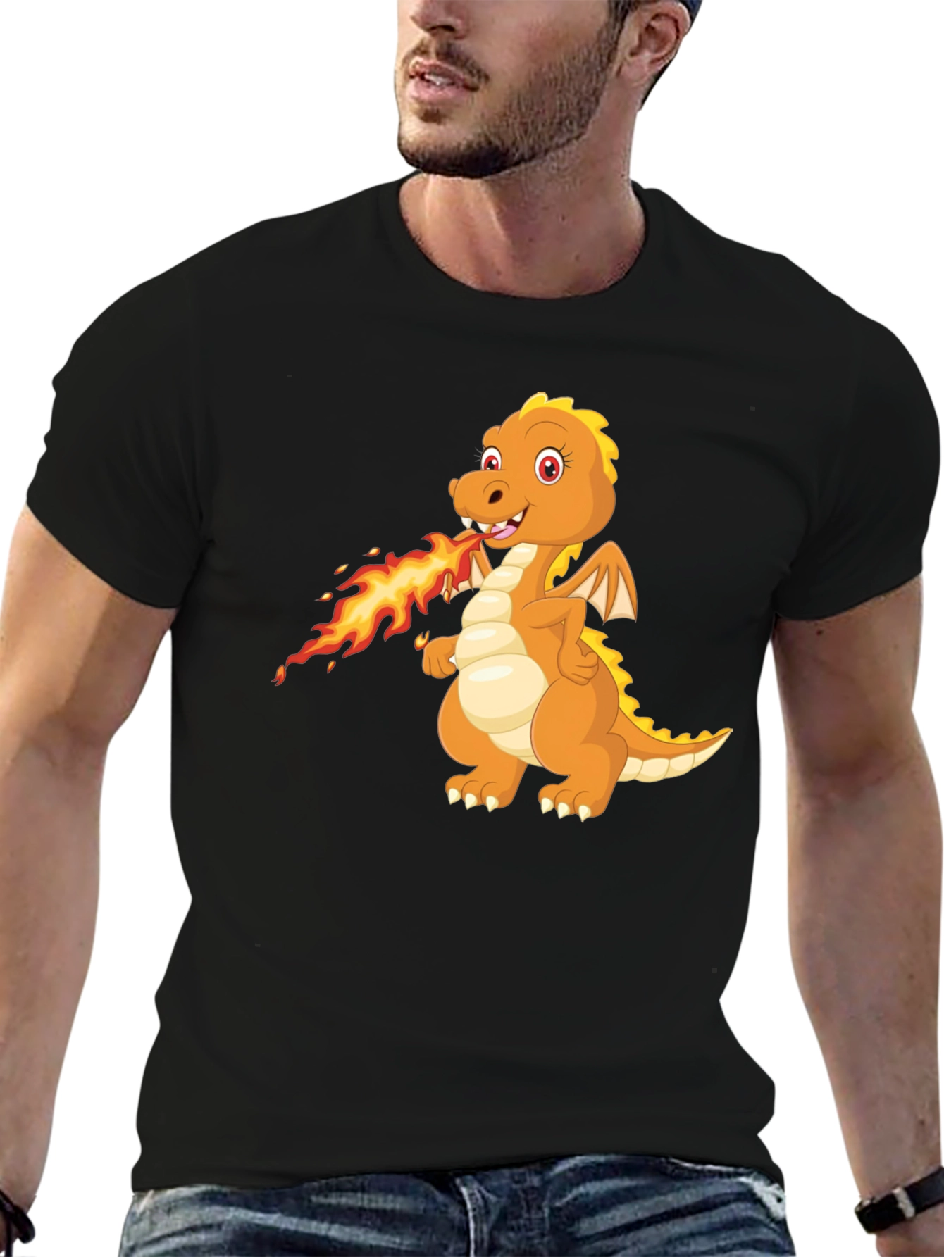 Dragon Fire T-Shirt - Black Cartoon Graphic