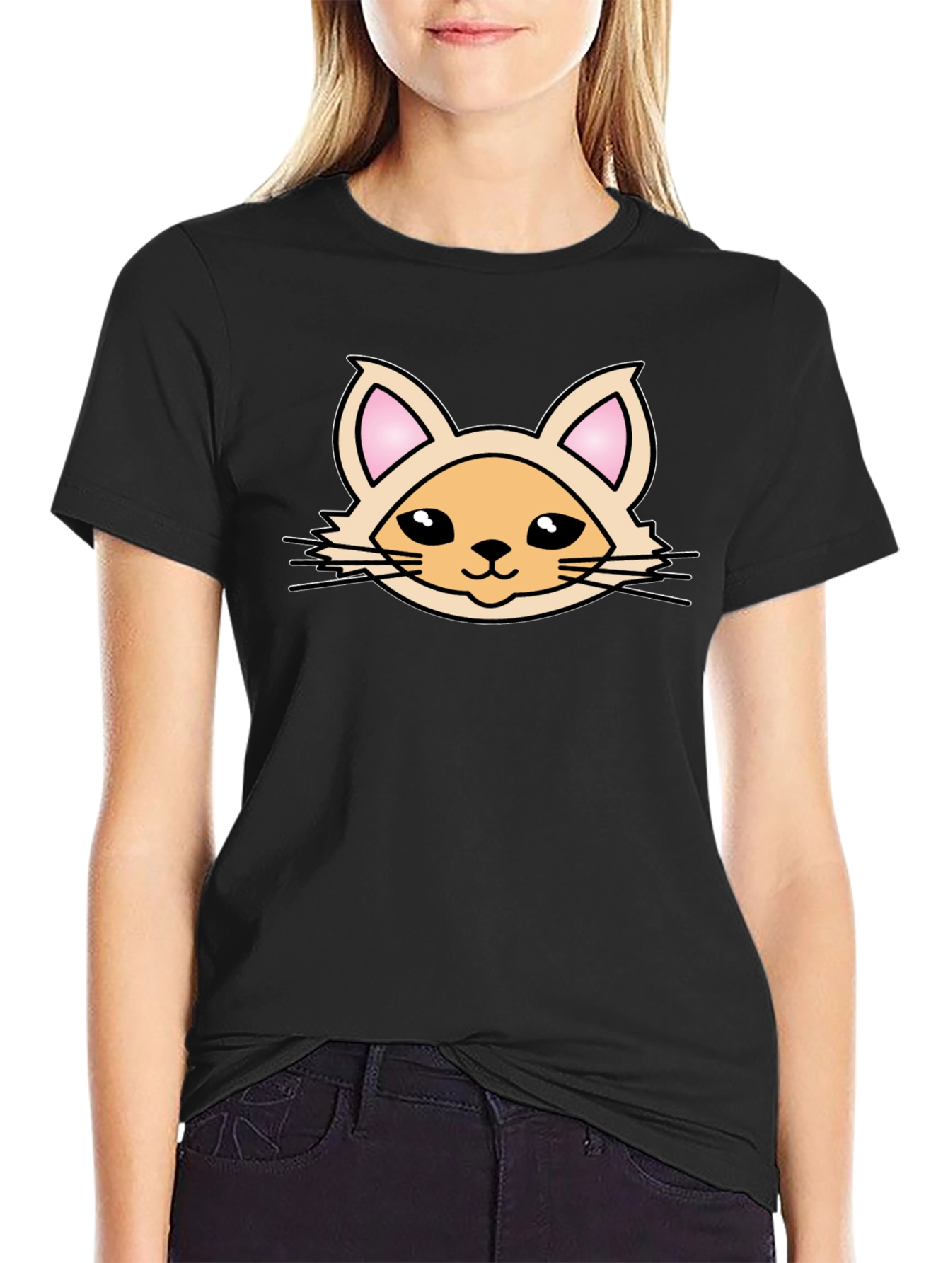 Cute Cartoon Cat Graphic T-Shirt - Black
