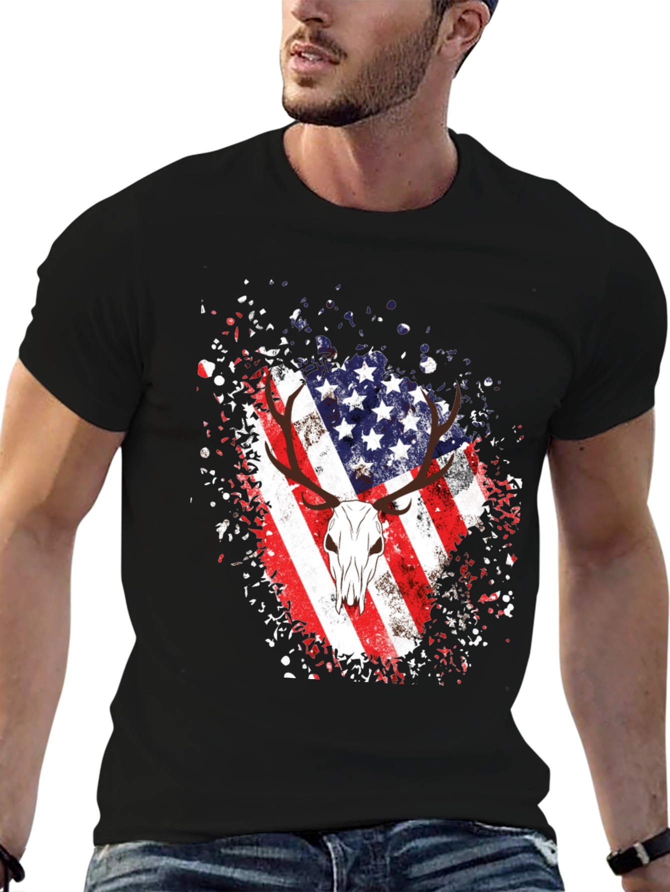 American Flag Deer Skull Graphic Tee - Black