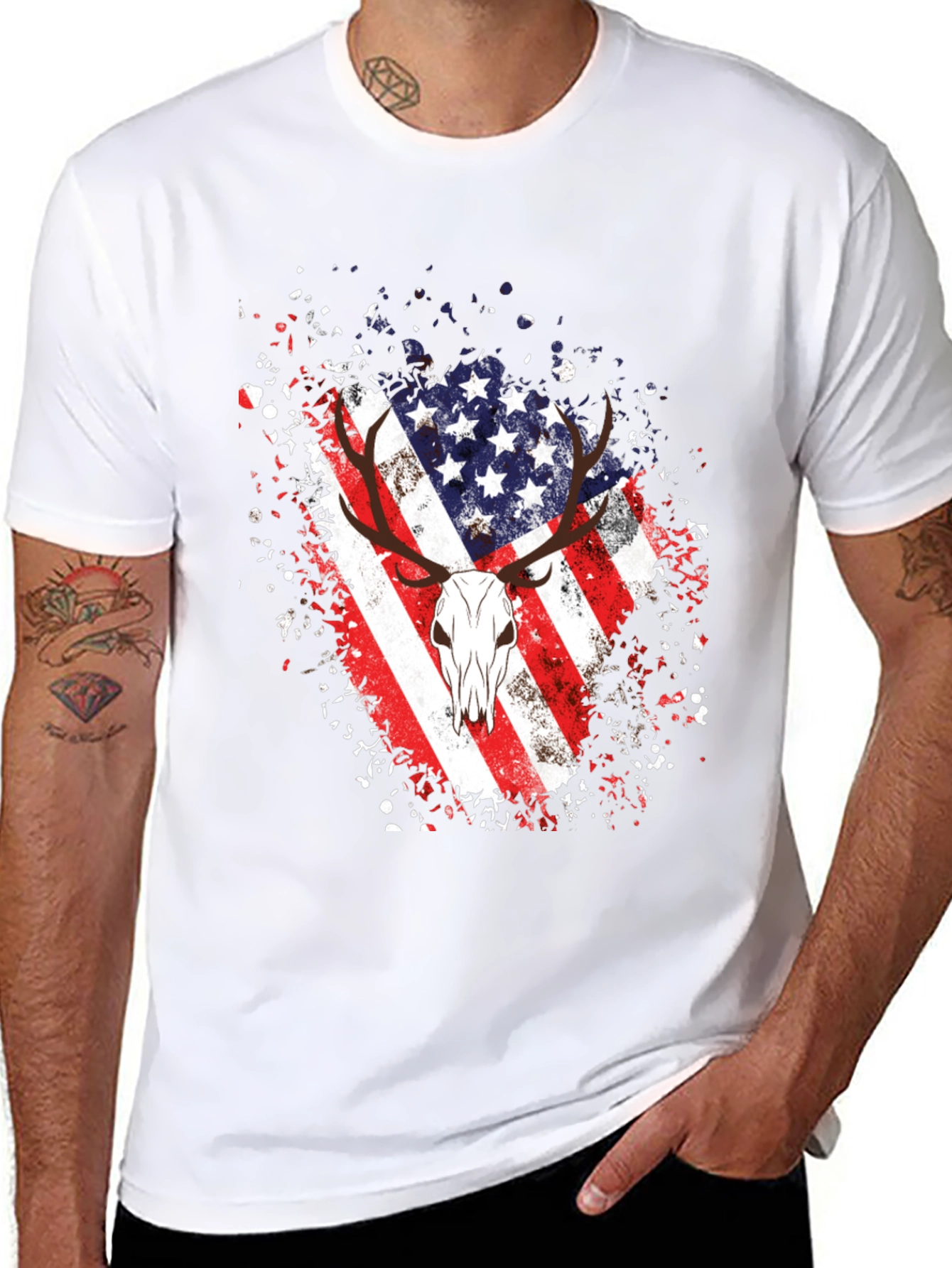 American Flag Deer Skull Graphic Tee - Black