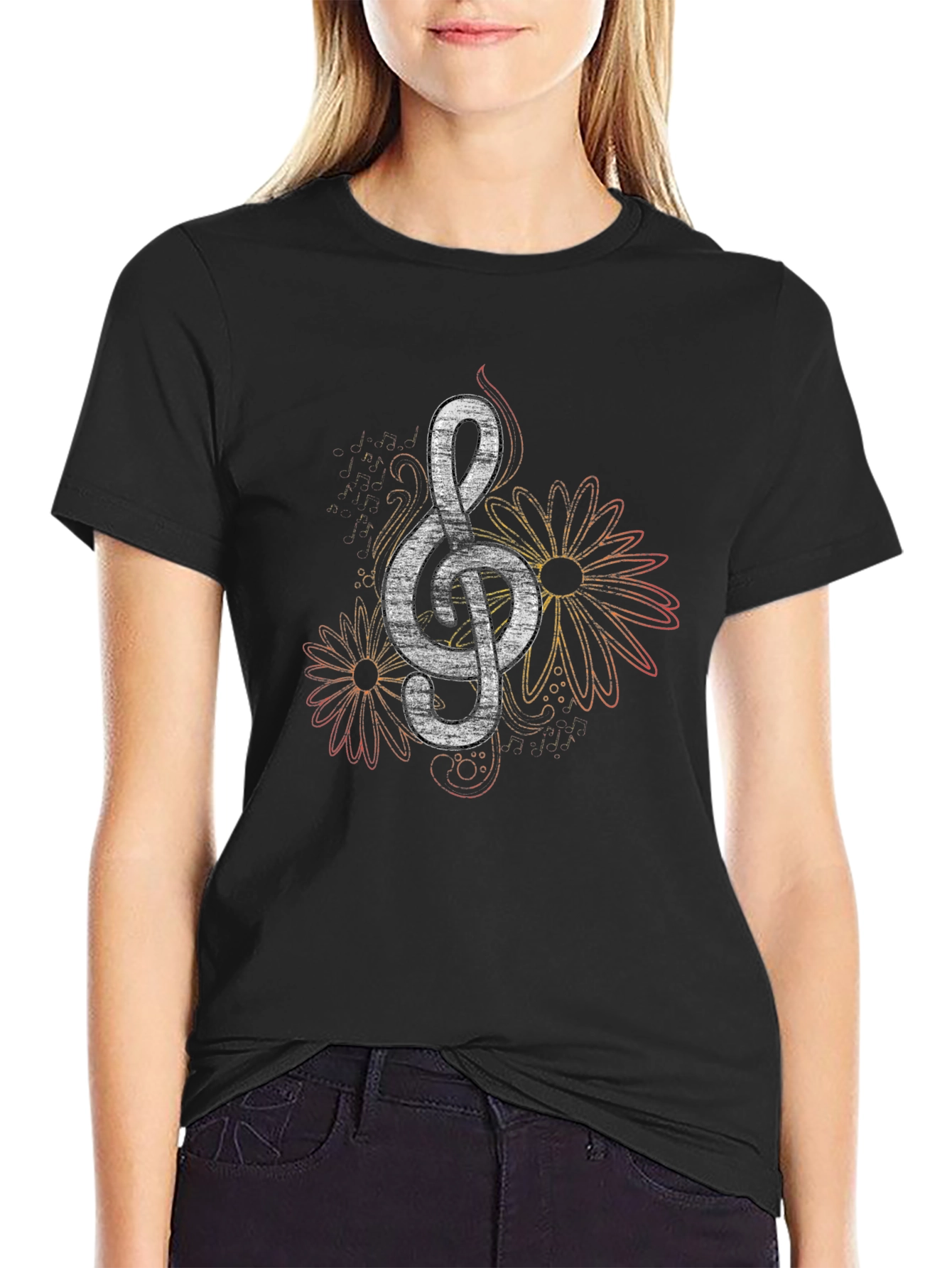 Floral Treble Clef Black Graphic Tee