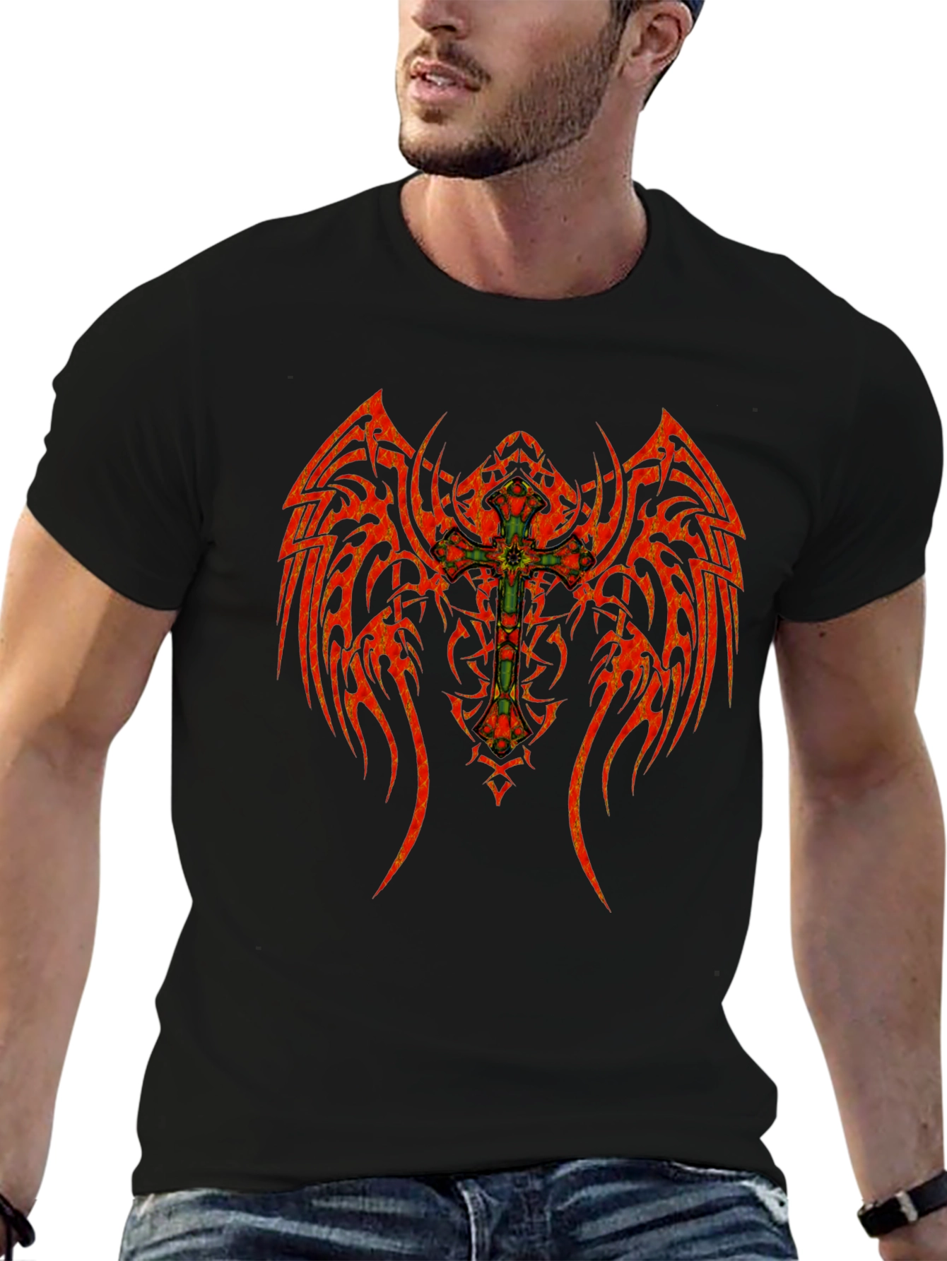 Tribal Winged Cross Graphic T-Shirt