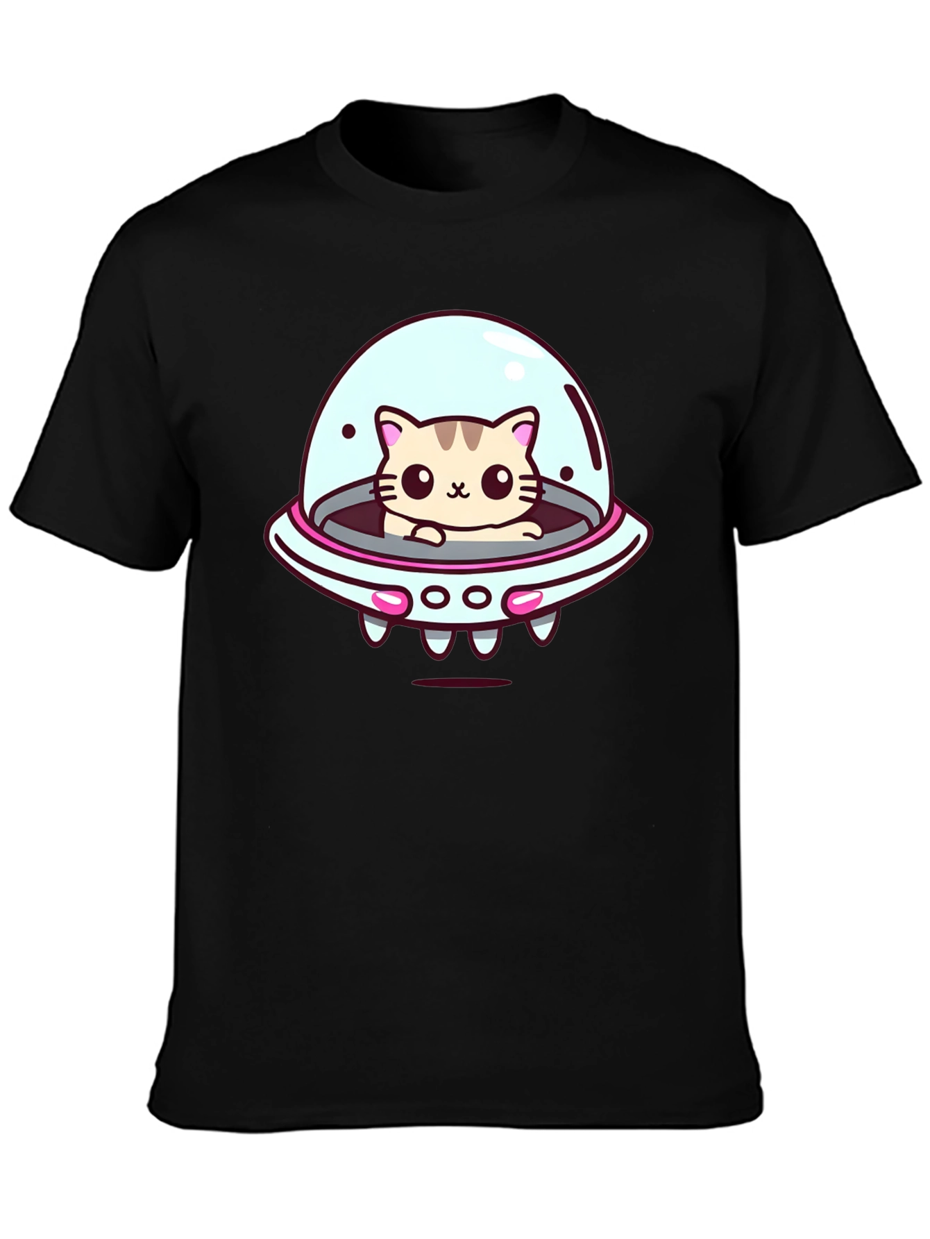 Cute Cat UFO Graphic T-Shirt - Black Cotton Tee