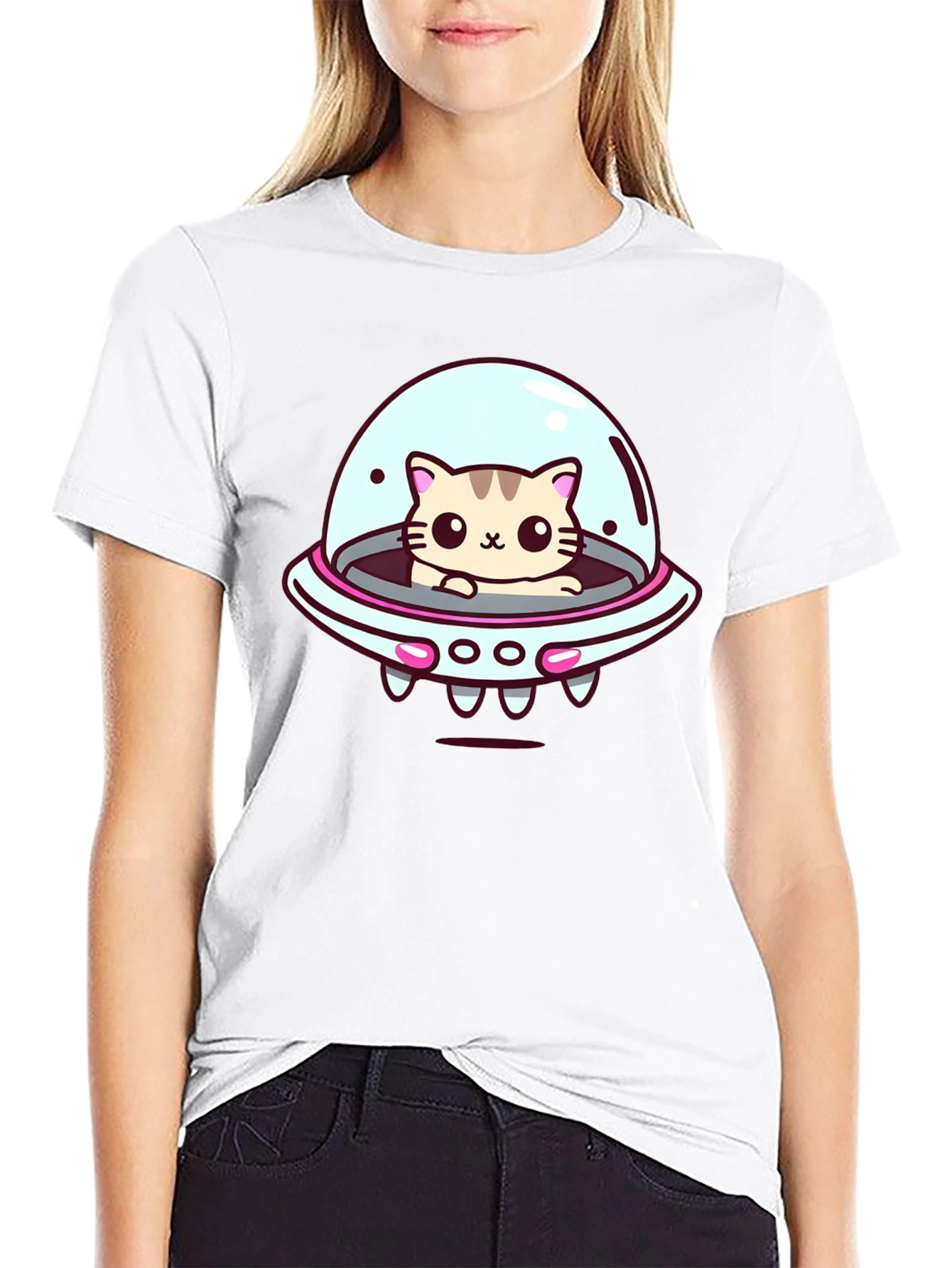 Cute Cat UFO Graphic T-Shirt - Black Cotton Tee