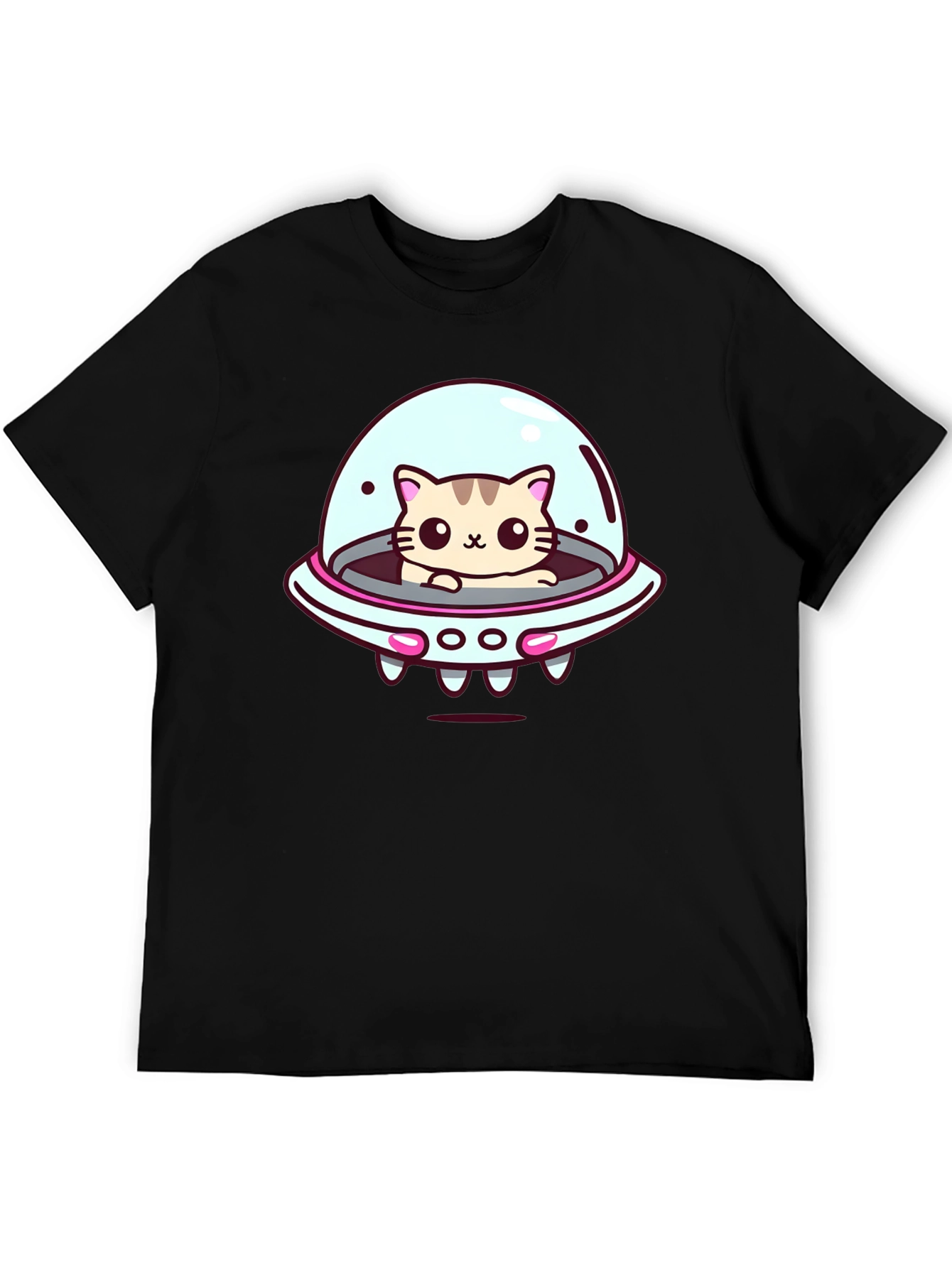 Cute Cat UFO Graphic T-Shirt - Black Cotton Tee