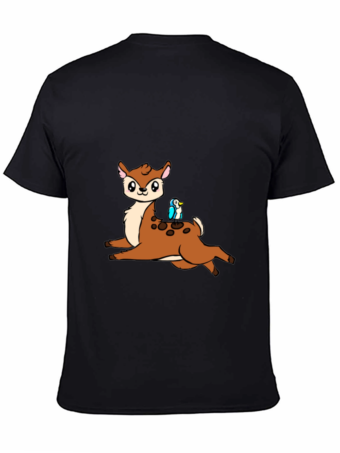 Cute Cartoon Deer & Bird Black T-Shirt