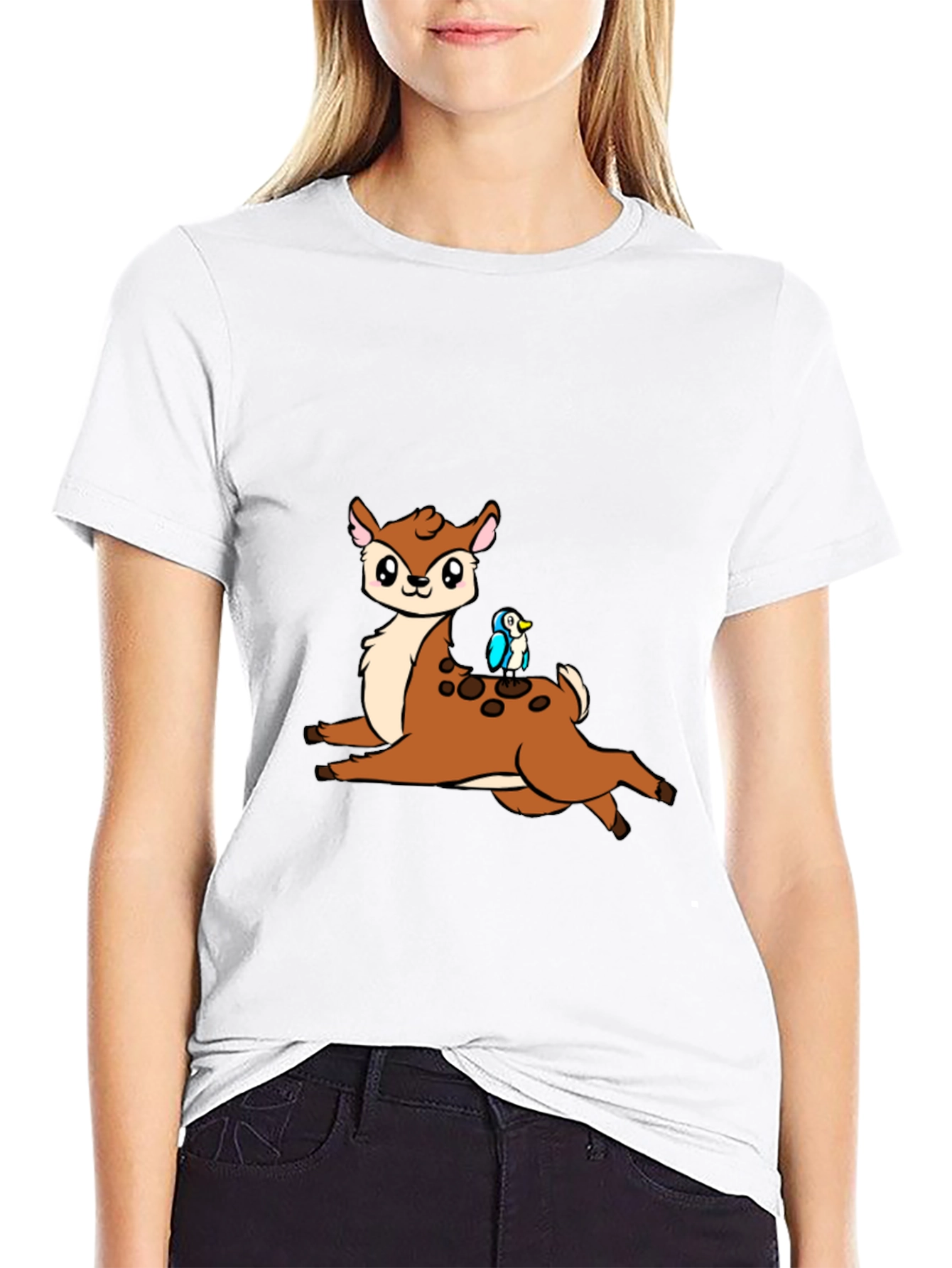 Cute Cartoon Deer & Bird Black T-Shirt