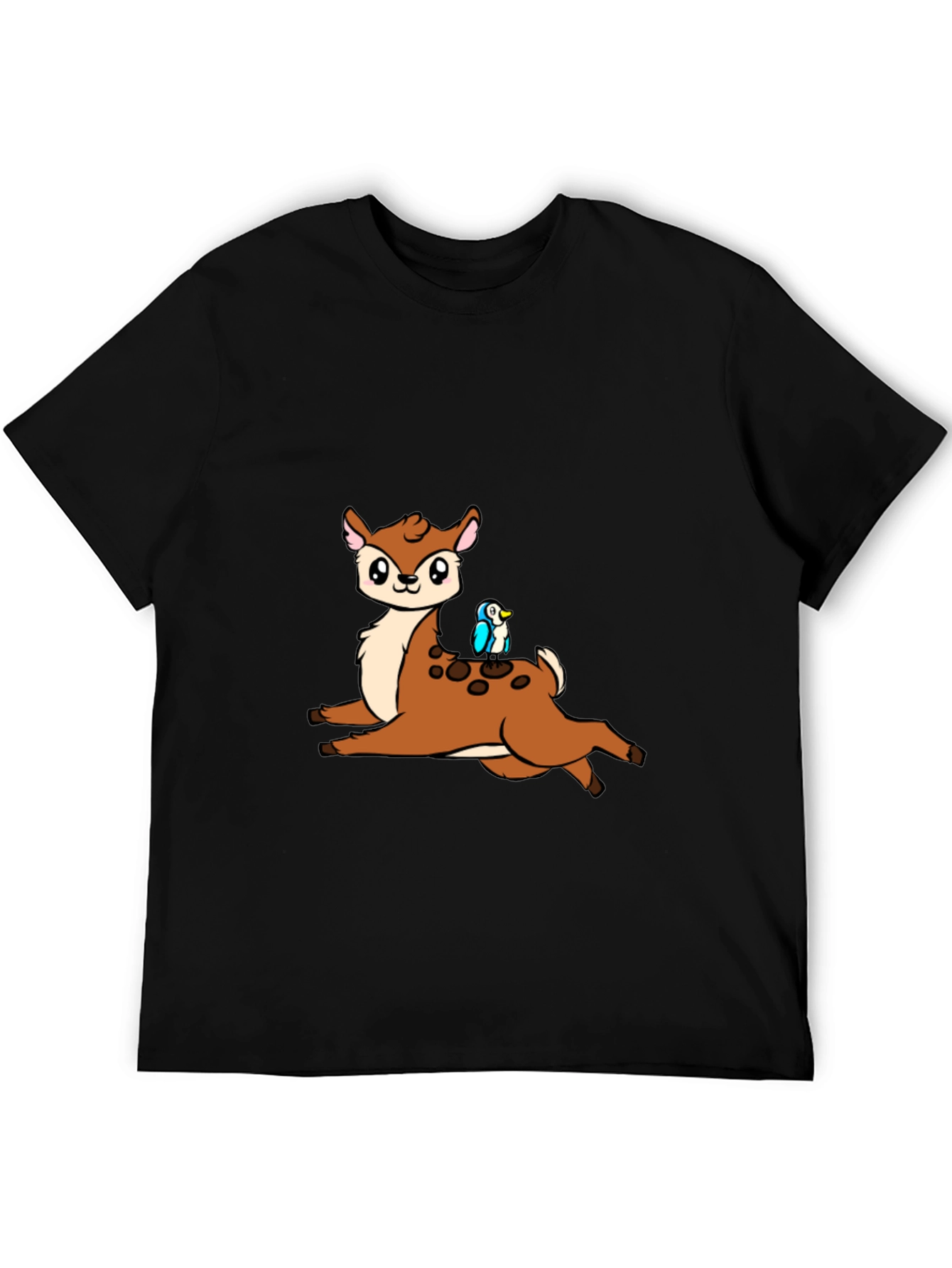 Cute Cartoon Deer & Bird Black T-Shirt
