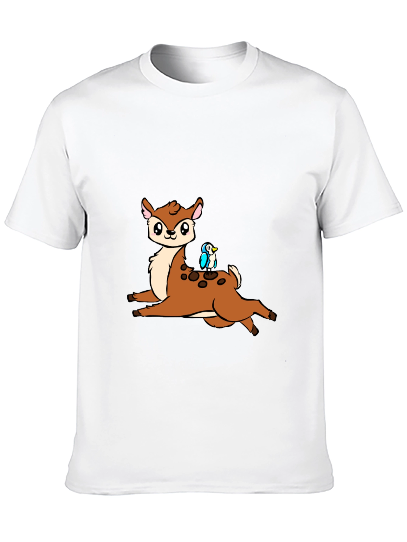 Cute Cartoon Deer & Bird Black T-Shirt