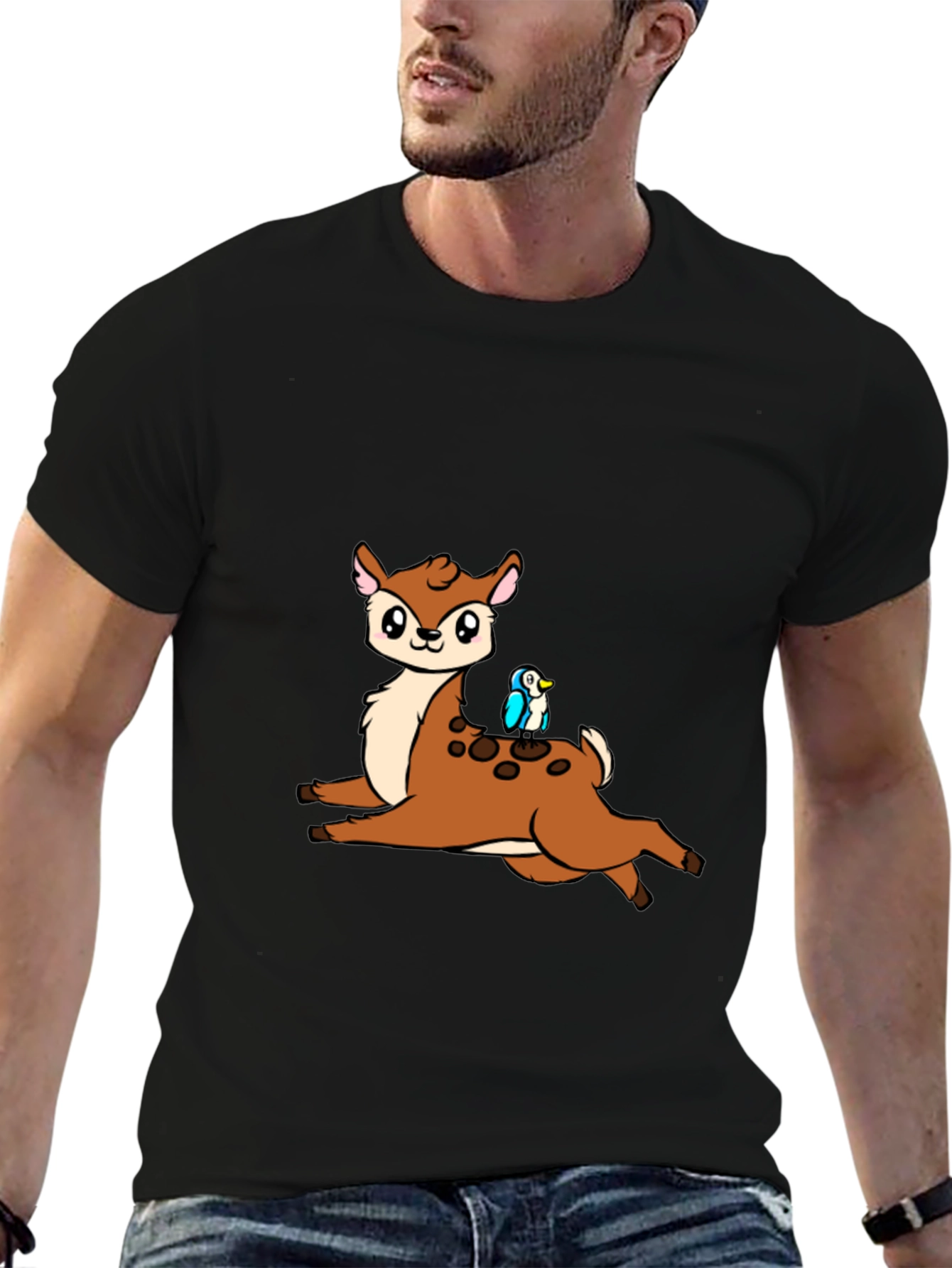 Cute Cartoon Deer & Bird Black T-Shirt