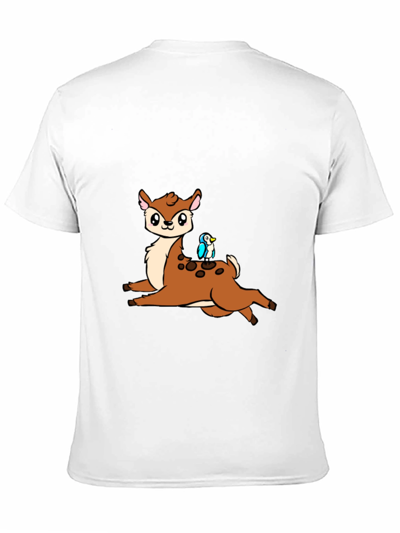 Cute Cartoon Deer & Bird Black T-Shirt