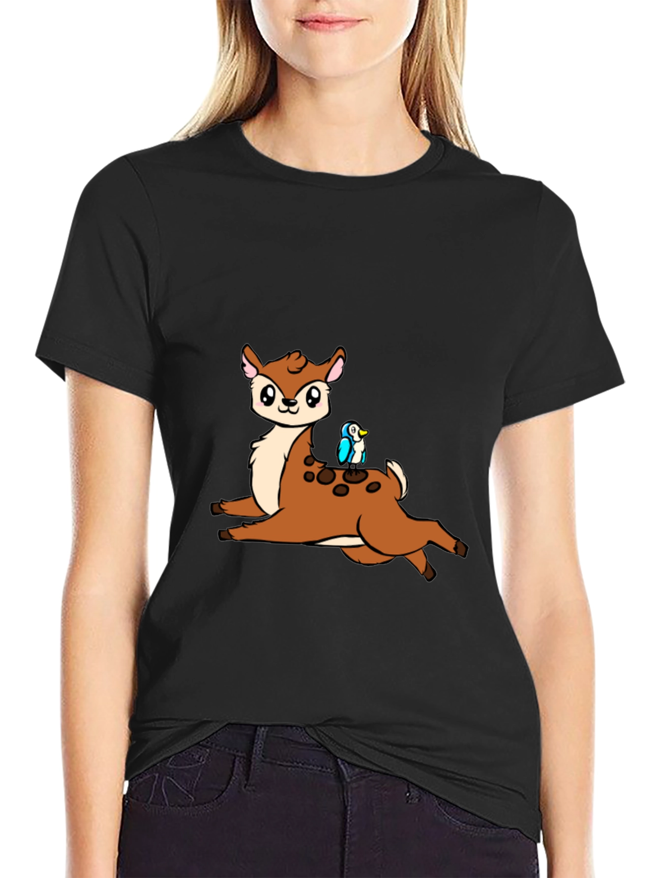 Cute Cartoon Deer & Bird Black T-Shirt