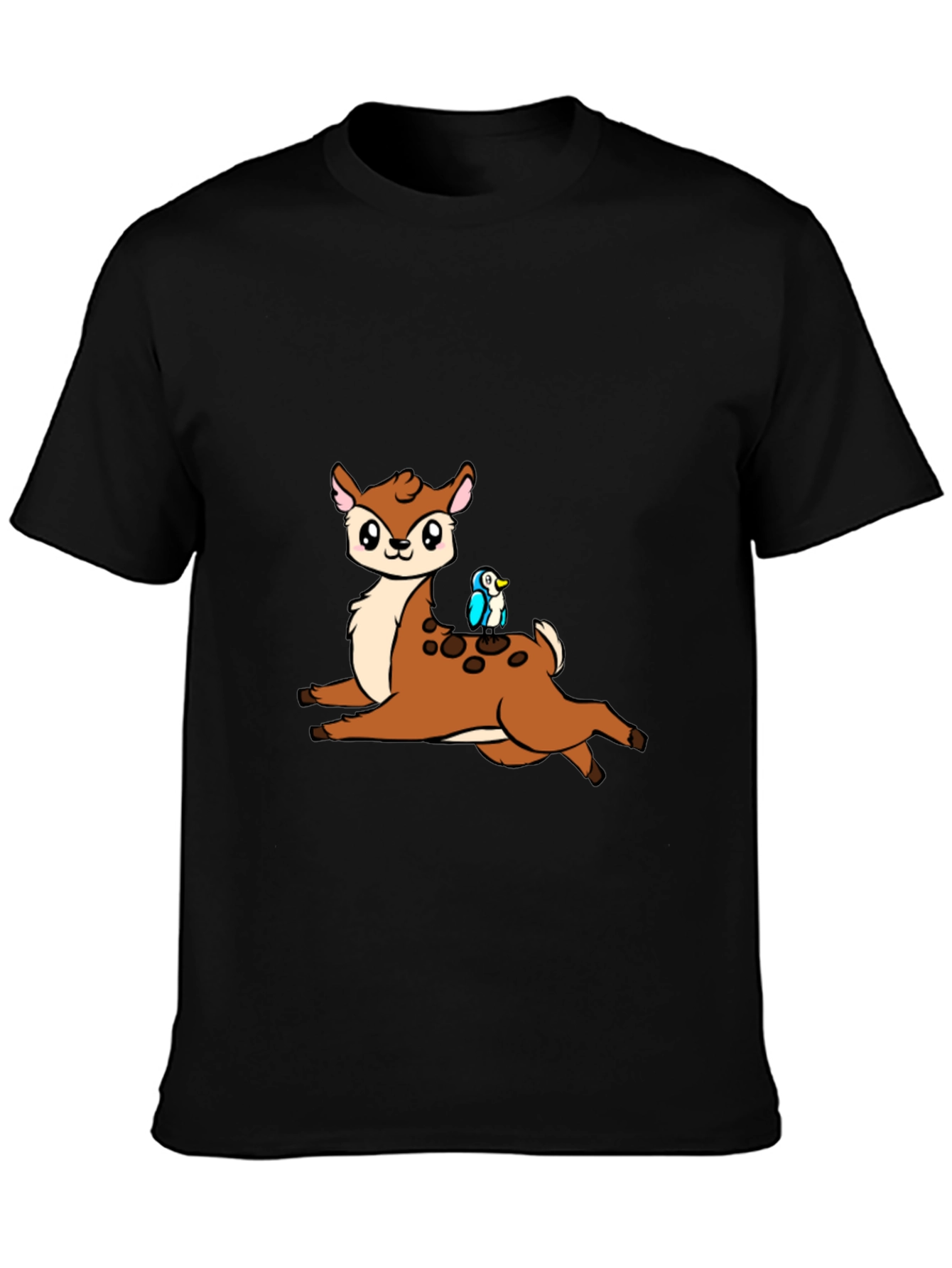 Cute Cartoon Deer & Bird Black T-Shirt